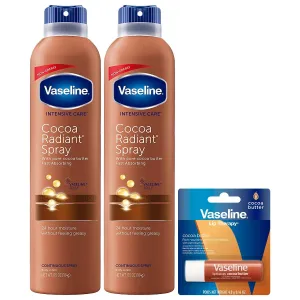 Vaseline Cocoa Radiant Spray 2-Pack for Dry Skin   Vaseline Lip Therapy Cocoa Butter Lip Balm (3 Piece Set)