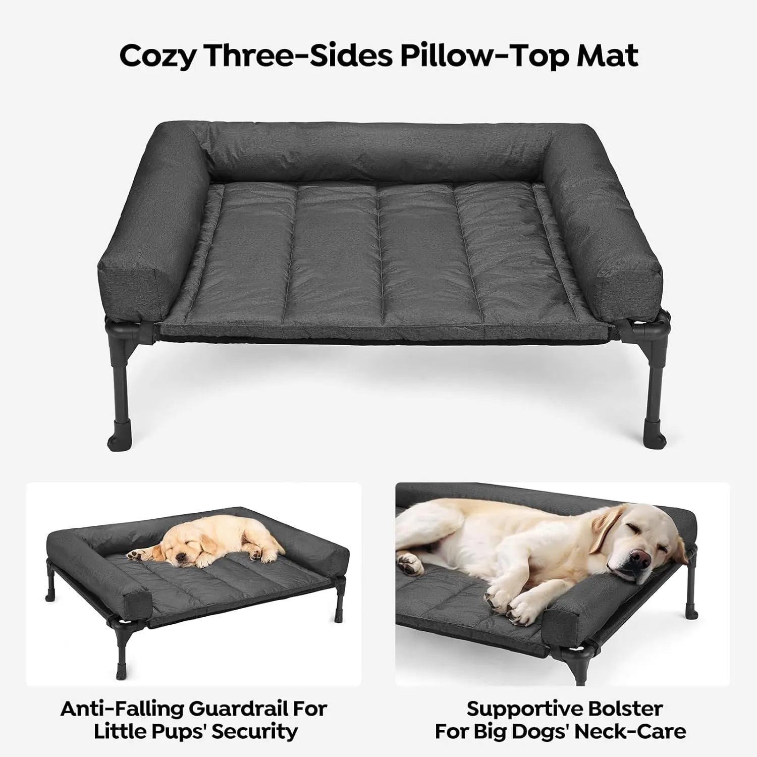 Veehoo Cooling Elevated Dog Bed Add Removable Waterproof Bolster Cushion Mat, Raised Pet Cot with Breathable Teslin Mesh, No-Slip Feet, Dog Couch Bed for Indoor Outdoor, 42x30inches, Black, CWC2331B