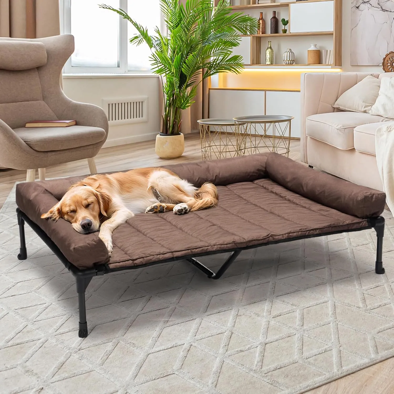 Veehoo Cooling Elevated Dog Bed Add Removable Waterproof Bolster Cushion Mat, Raised Pet Cot with Breathable Teslin Mesh, No-Slip Feet, Dog Sofa Bed for Indoor Outdoor, XXLarge, Brown CWC2331B
