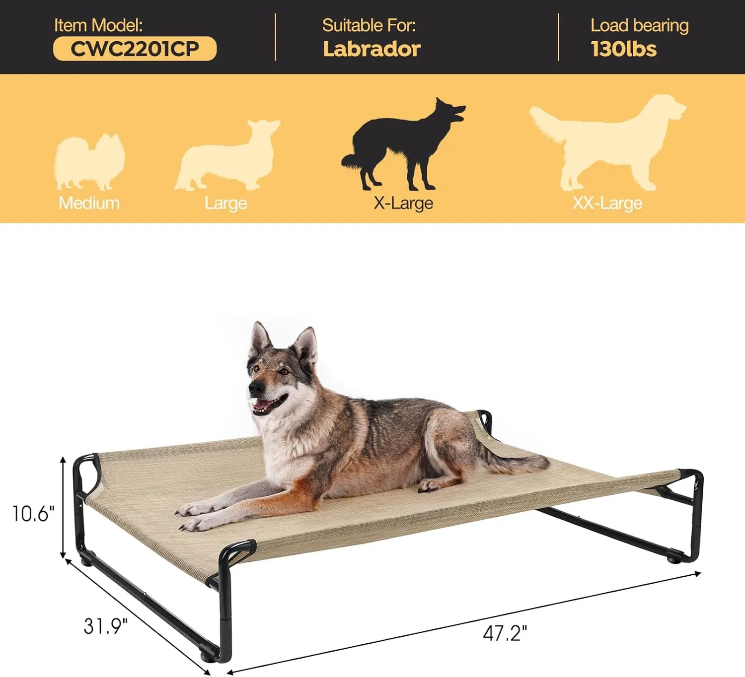 Veehoo Original Outdoor Elevated Dog Bed, Cooling Raised Dog Cot for Large Dogs, Portable Standing Pet Hammock Platform with Washable Breathable Mesh, No-Slip Feet, X-Large, Beige Coffee, CWC2201