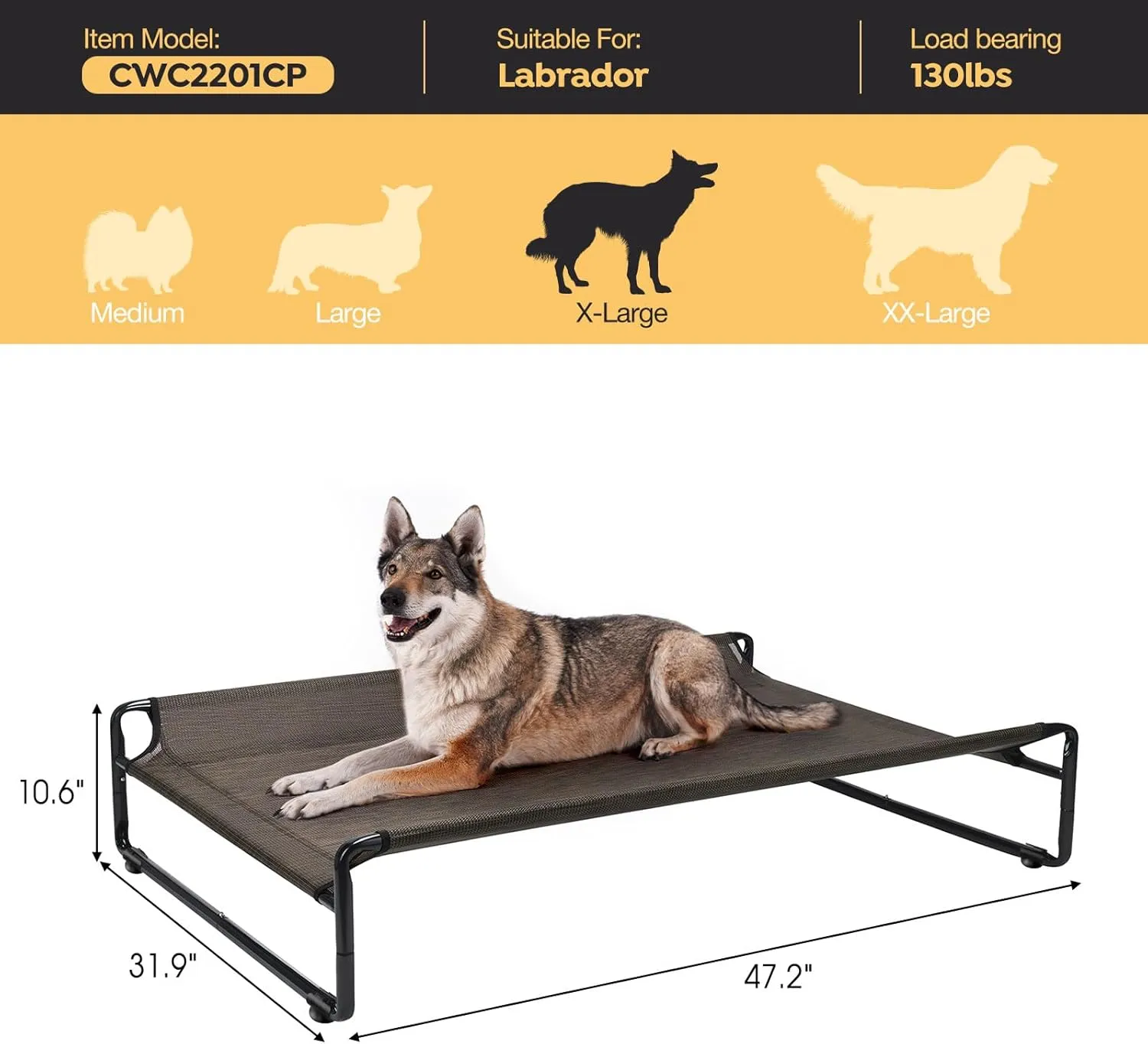 Veehoo Original Outdoor Elevated Dog Bed, Cooling Raised Dog Cot for Large Dogs, Portable Standing Pet Hammock Platform with Washable Breathable Mesh, No-Slip Feet, X-Large, Brown, CWC2201
