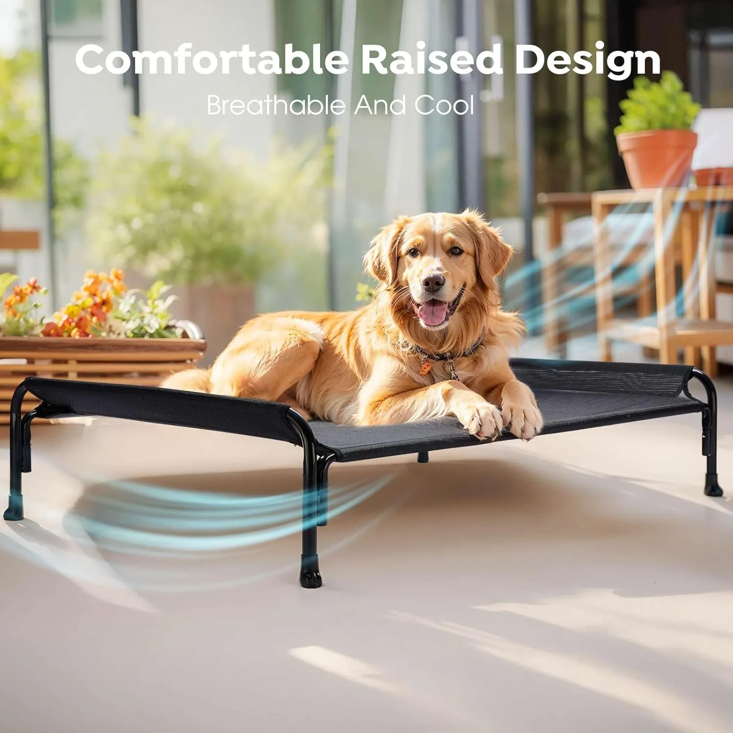 Veehoo Outdoor Elevated Dog Bed, Raised Dog Cot for Small Medium Dogs, Cooling Washable Waterproof Pet Hammock Beds with Slope Headrest, Breathable Mesh and Sturdy Frame, M, Black, CWC2204