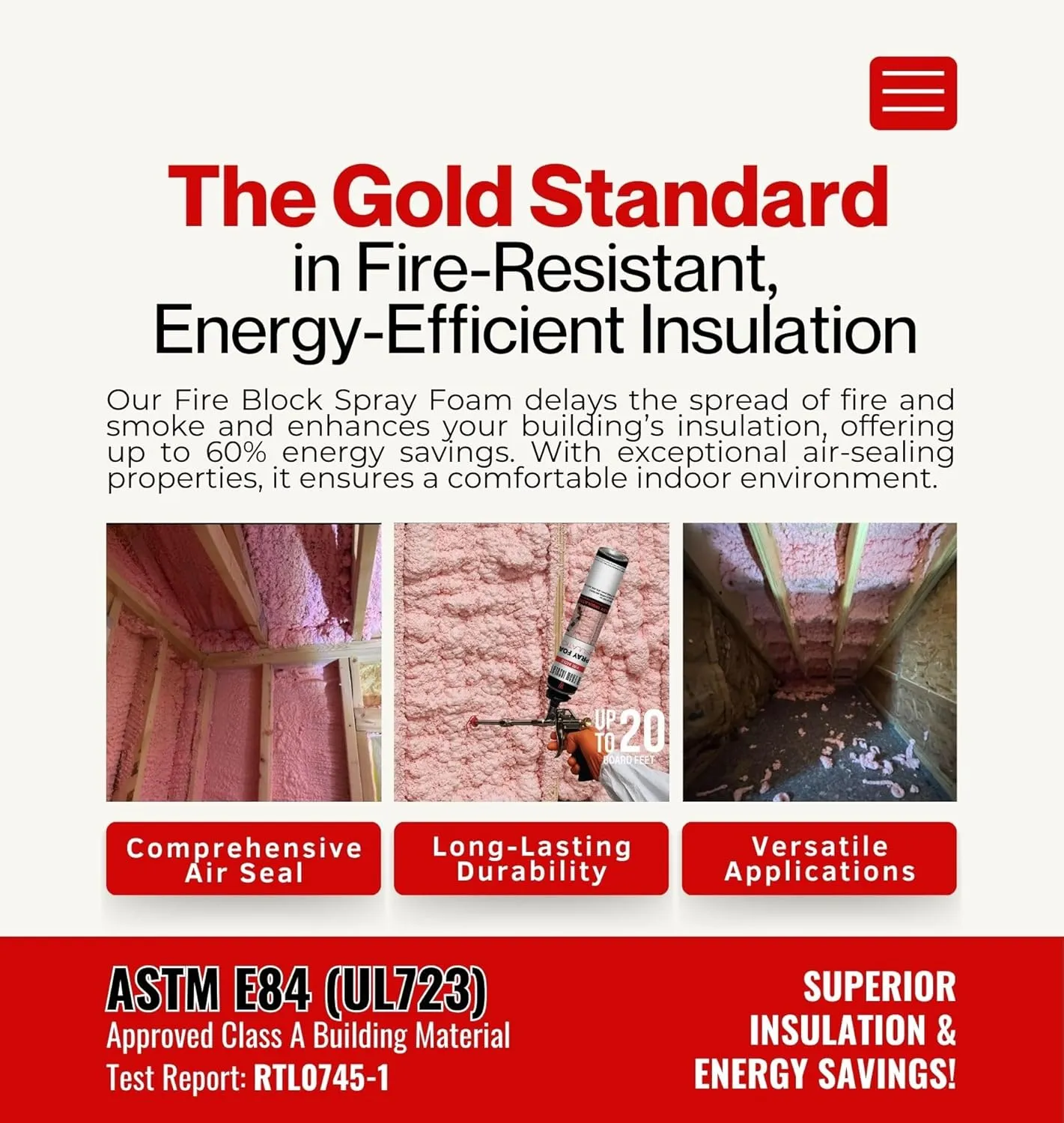 Vega Foam Fire Block Spray Foam Insulation Kit. Closed Cell Thermal and Sound Insulation. 3 Cans with All Accessories. Covers up to 60 sqft at 1 inch. 3 Canisters Total