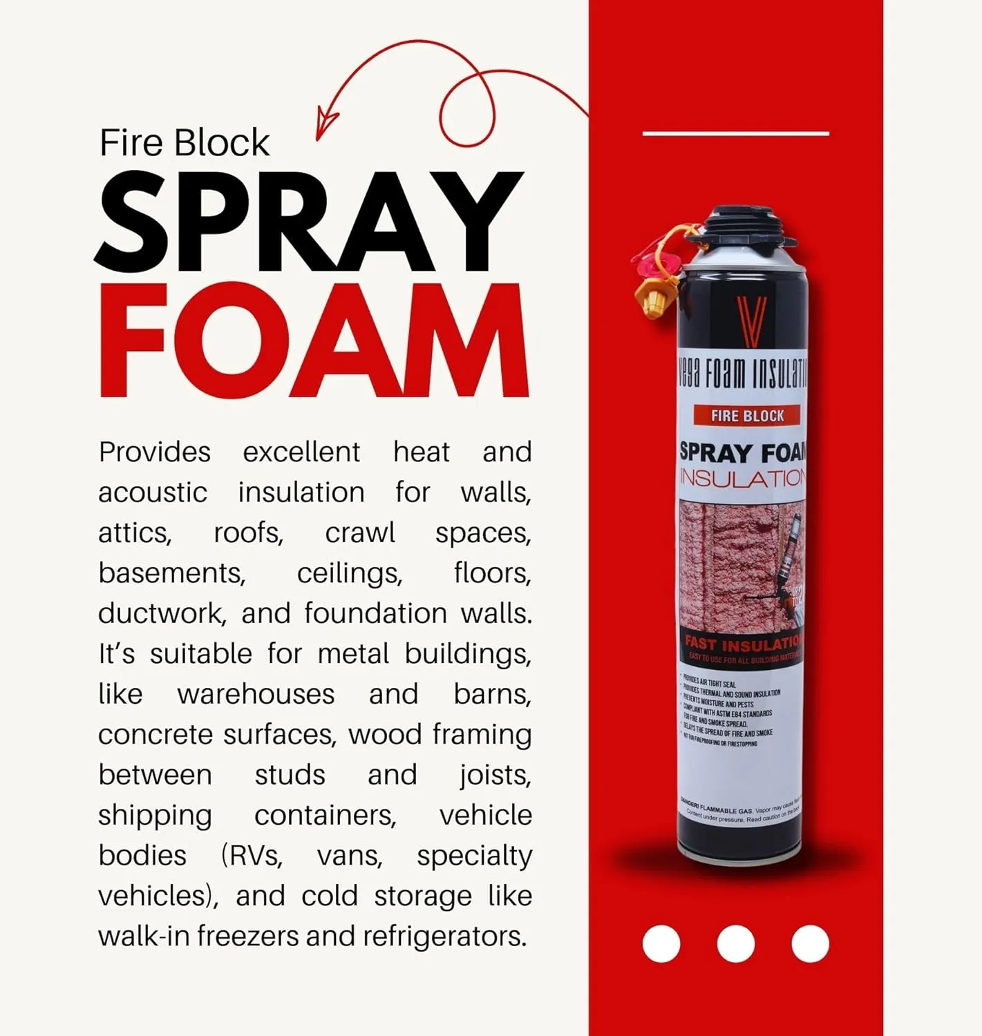 Vega Foam Fire Block Spray Foam Insulation Kit. Closed Cell Thermal and Sound Insulation. 3 Cans with All Accessories. Covers up to 60 sqft at 1 inch. 3 Canisters Total