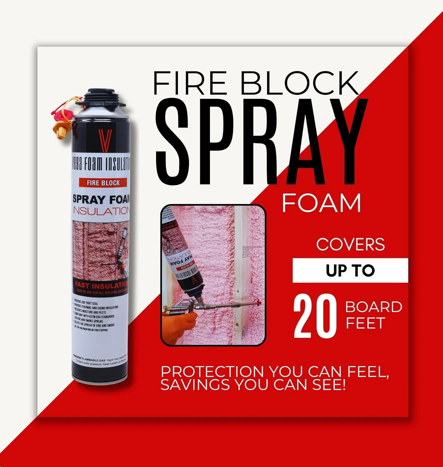 Vega Foam Fire Block Spray Foam Insulation Kit. Closed Cell Thermal and Sound Insulation. 3 Cans with All Accessories. Covers up to 60 sqft at 1 inch. 3 Canisters Total