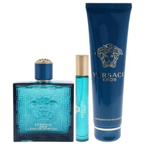 Versace Eros for Men 3 Pc Gift Set - 3.4oz EDP, 0.3oz Travel Spray, 5oz Shower Gel - Bold, Long-lasting Fragrance