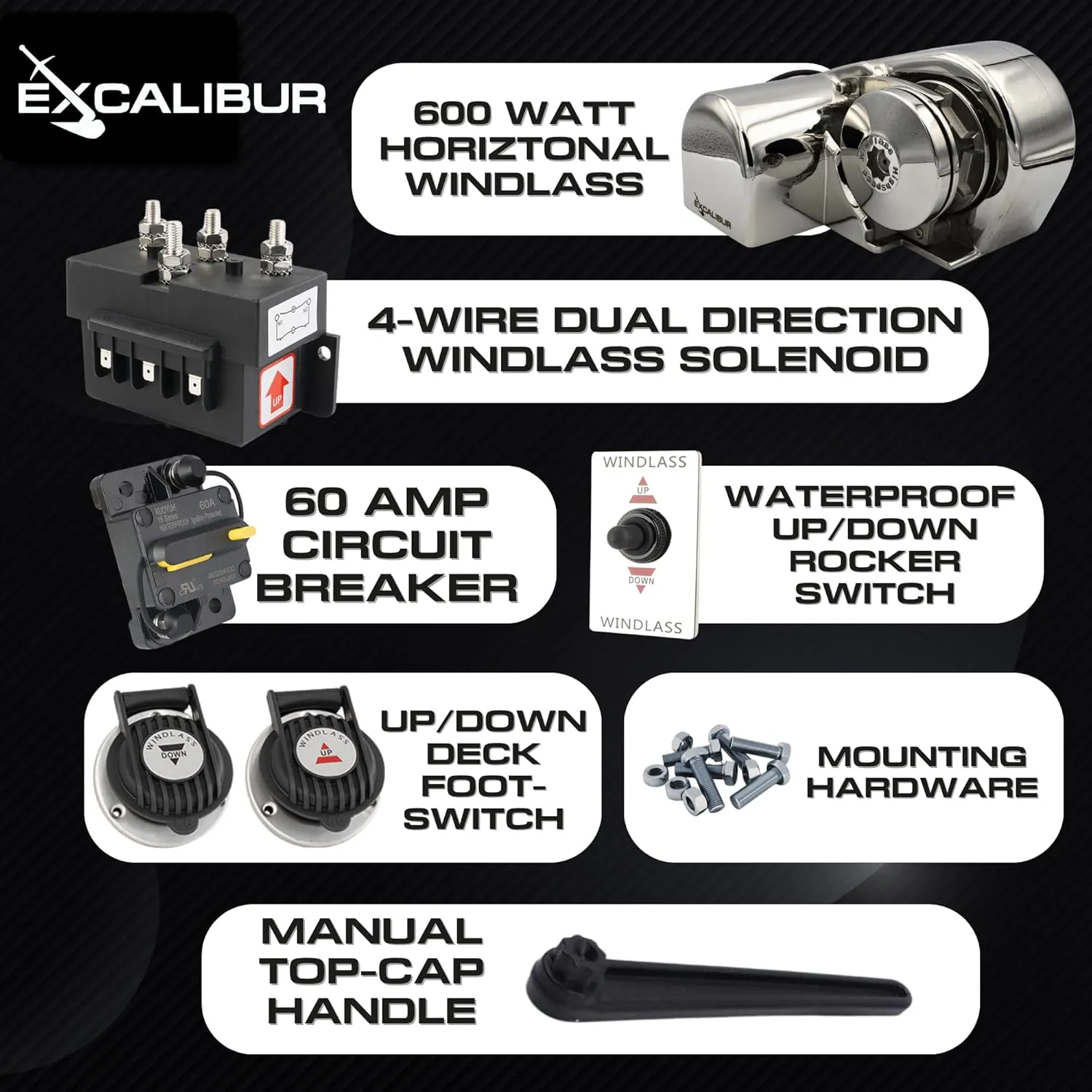 Vertical or Horizontal Windlass Anchor Systems - 600W-900W, 12V DC, 992-1452 lbs Pulling Power, 316 Stainless Steel Housing, Chain 1/4 Inch HT G4 and Rope 1/2 Inch, for Boats Up to 40 FT