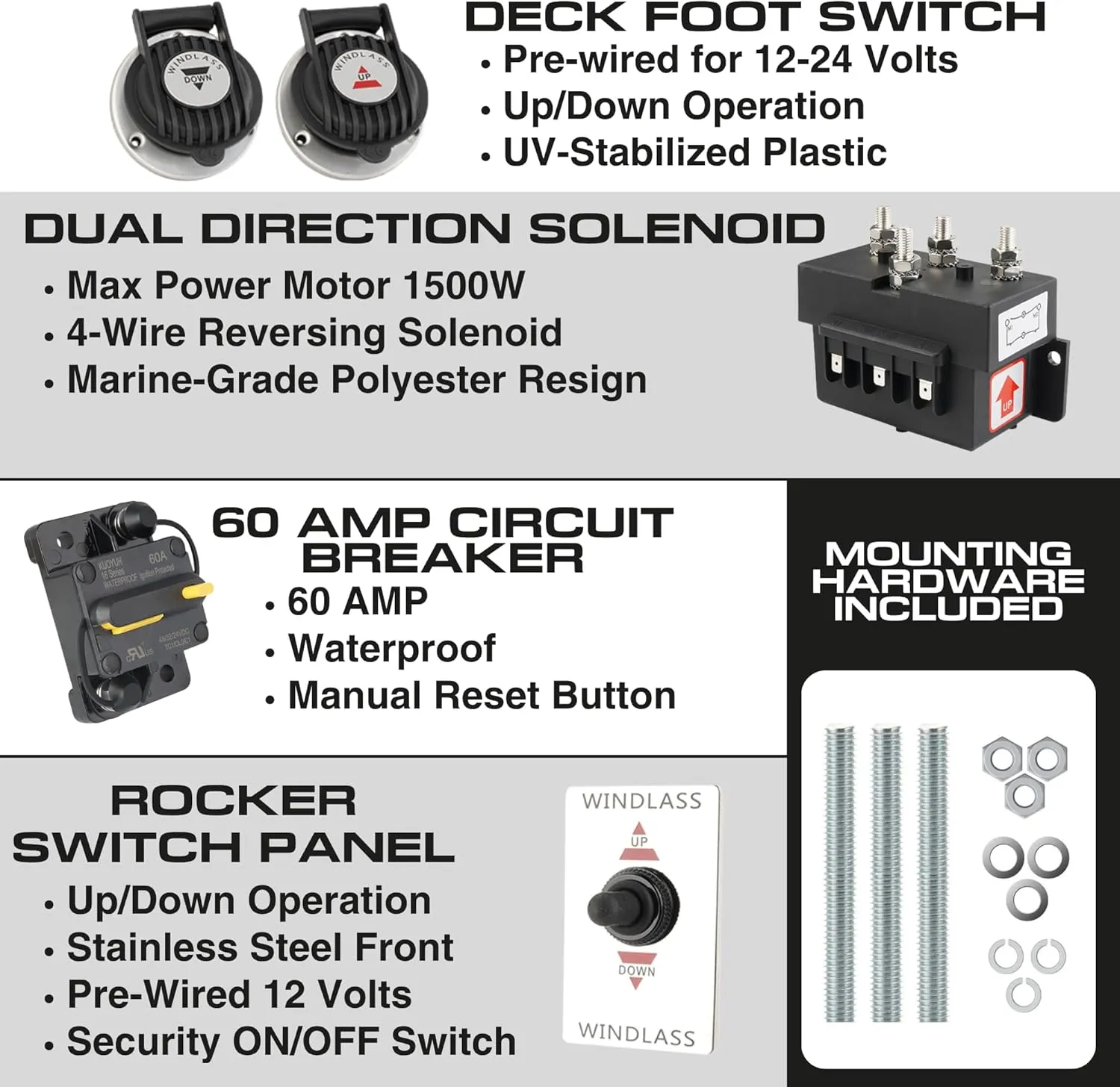 Vertical or Horizontal Windlass Anchor Systems - 600W-900W, 12V DC, 992-1452 lbs Pulling Power, 316 Stainless Steel Housing, Chain 1/4 Inch HT G4 and Rope 1/2 Inch, for Boats Up to 40 FT