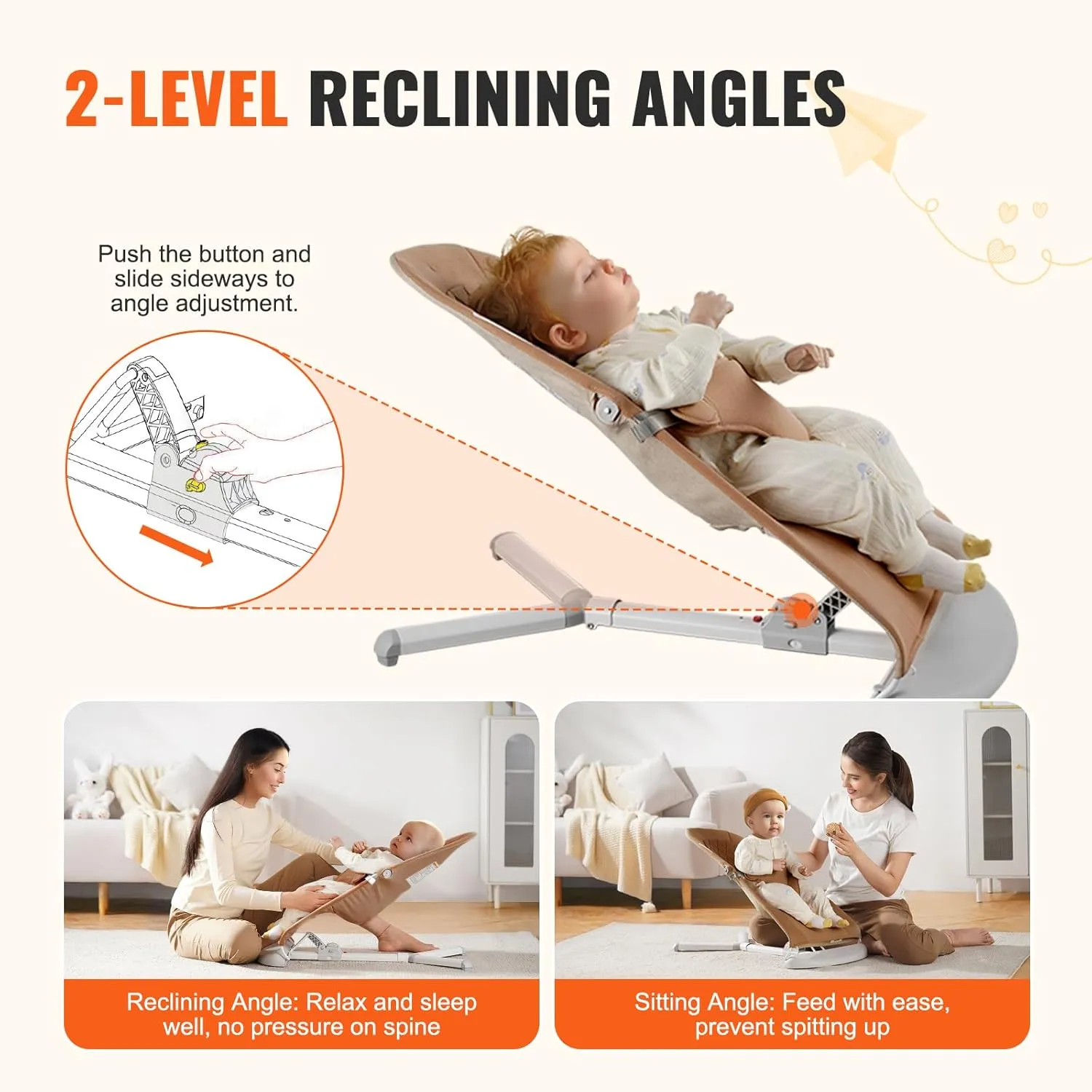 VEVOR Baby Bouncer, Folding Bouncer Seat for Babies 0-9 Months, Newborn Bouncer Chair with 2 Reclining Angles & 3-Point Harness, Portable Infant Rocker with Carrying Bag for Indoors Outdoors, Camel