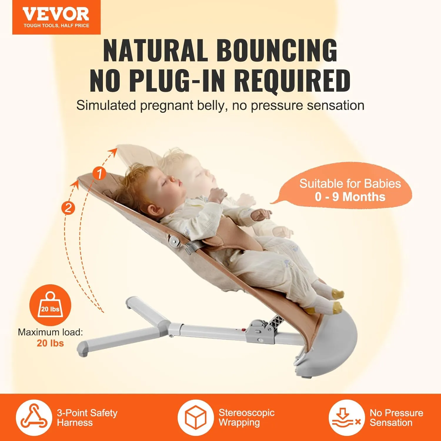 VEVOR Baby Bouncer, Folding Bouncer Seat for Babies 0-9 Months, Newborn Bouncer Chair with 2 Reclining Angles & 3-Point Harness, Portable Infant Rocker with Carrying Bag for Indoors Outdoors, Camel