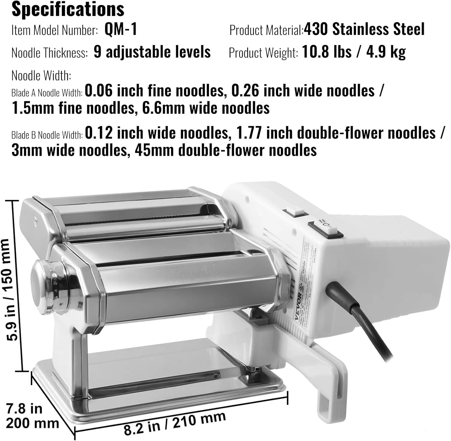 VEVOR Electric Pasta Maker Machine, 9 Adjustable Thickness Settings Noodles Maker, Stainless Steel Noodle Rollers and Cutter, Pasta Making Kitchen Tool Kit, Perfect for Spaghetti, Fettuccini, Lasagna