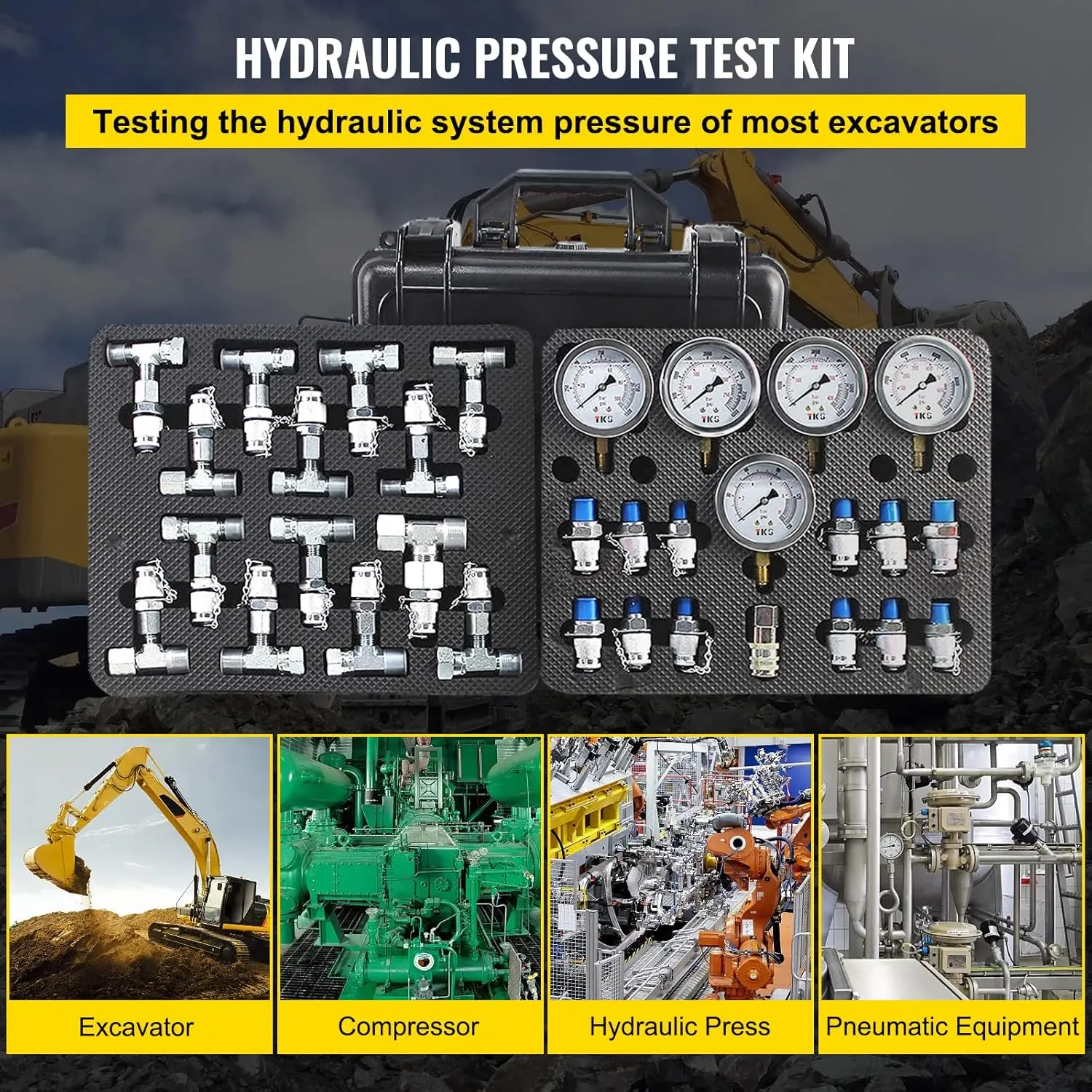VEVOR Hydraulic Pressure Test Kit, 10/100/250/400/600bar, 5 Gauges 13 Test Couplings 14 Tee Connectors 5 Test Hoses, Hydraulic Gauge Kit with Sturdy Carrying Case, for Excavator Construction Machinery