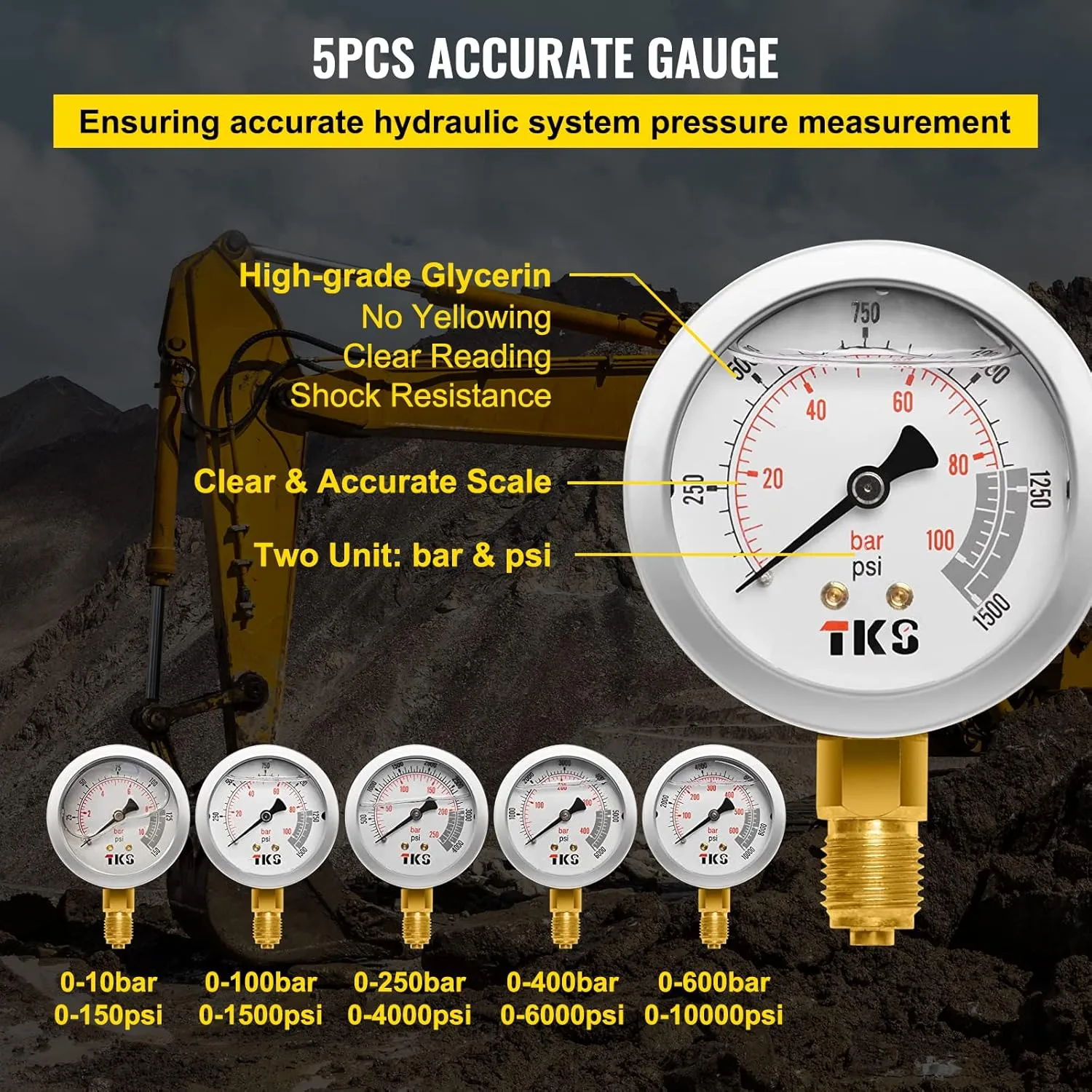 VEVOR Hydraulic Pressure Test Kit, 10/100/250/400/600bar, 5 Gauges 13 Test Couplings 14 Tee Connectors 5 Test Hoses, Hydraulic Gauge Kit with Sturdy Carrying Case, for Excavator Construction Machinery