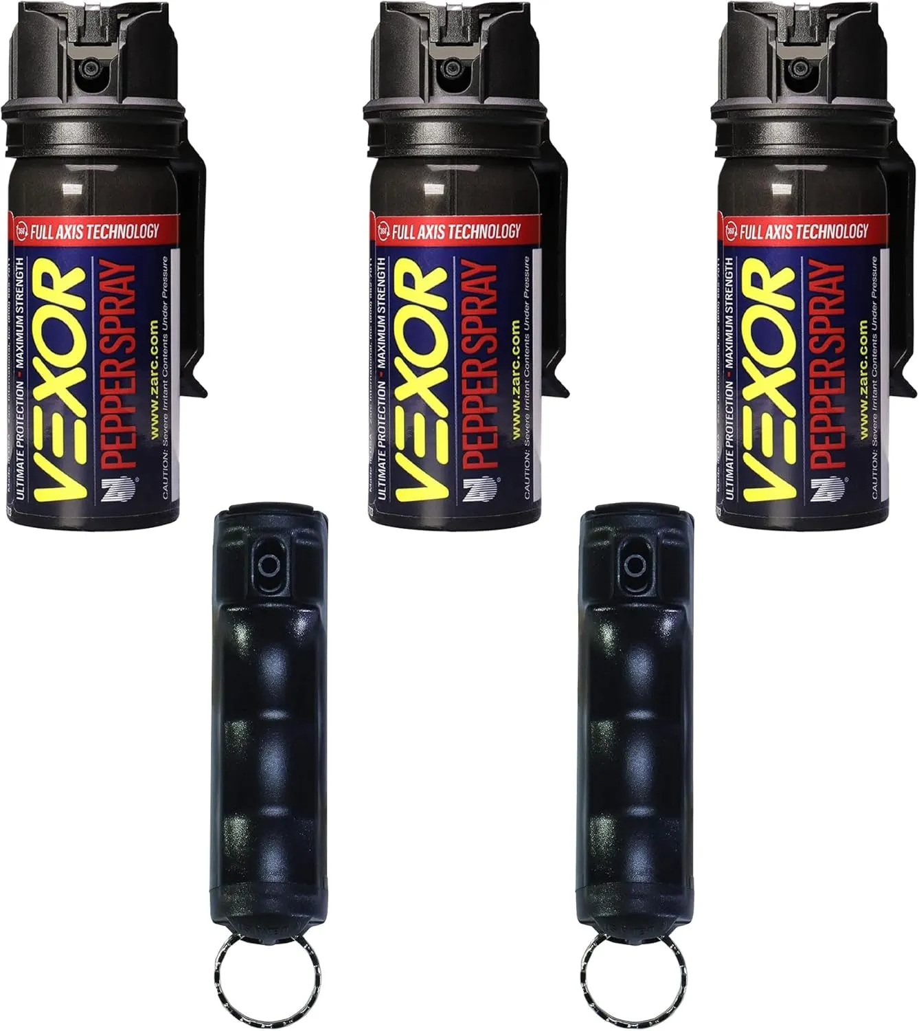 Vexor Pepper Spray 5 Pack Bundle - 3 Full Axis with Belt Clip Self Defense Police Strength, 20 Ft. Range   2 Pack Flip-Top Finger Grip, 20  Shots, 10-12 Ft. Range