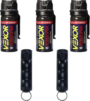 Vexor Pepper Spray 5 Pack Bundle - 3 Full Axis with Belt Clip Self Defense Police Strength, 20 Ft. Range   2 Pack Flip-Top Finger Grip, 20  Shots, 10-12 Ft. Range