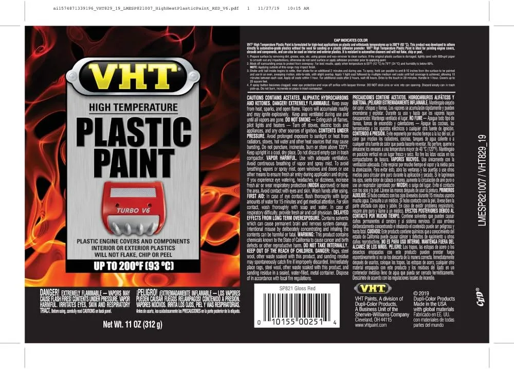 VHT Duplicolor ESP821007 Red High Temperature Plastic Paint, 11. Fluid_Ounces