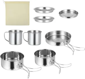 VICASKY Stainless Steel Camping Pot Set Pc Cookware Kit Folding Handle for Hiking Beach BBQ Outdoor Adventures