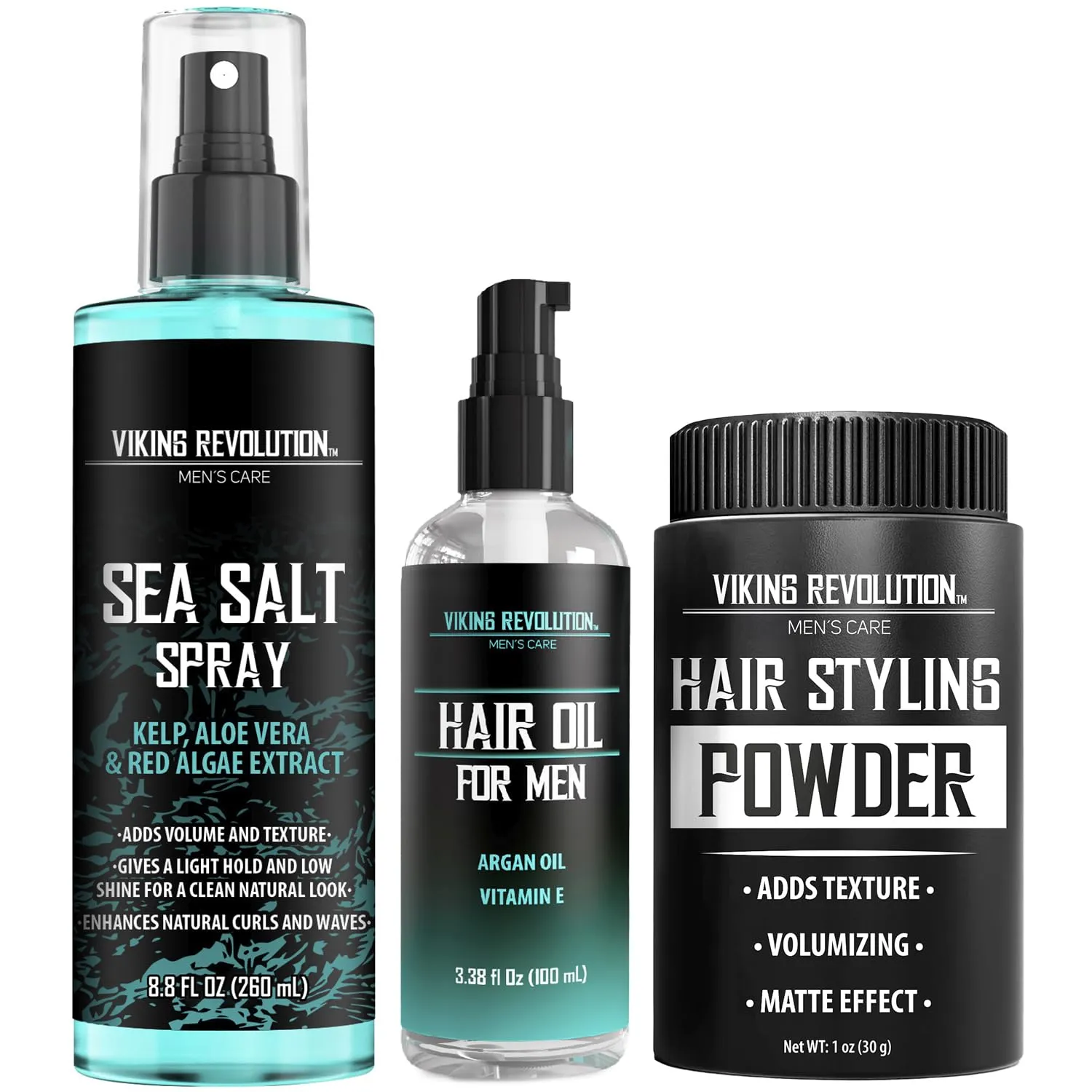 Viking Revolution Sea Salt Spray for Hair Men (8fl oz), Hydrating Hair Oil for Men with Vitamin E (3.38fl oz) and Hair Styling Powder for Men (1oz) - Men Hair Styling Texturizing Kit