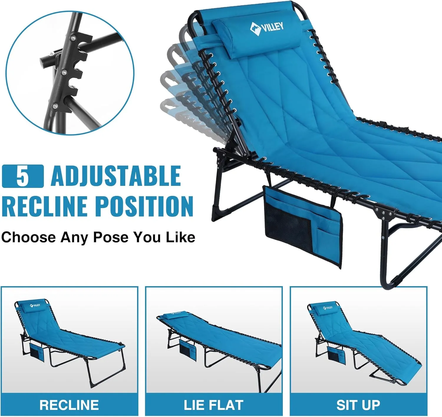 VILLEY Oversized Padded Chaise Lounge with Cushion, Foldable Camping Cot, Patio Reclining Lounge Chairs, Folding Sleeping Bed for Outdoor, Indoor, Backyard, Garden, Camping, Relaxing, Beach Tanning