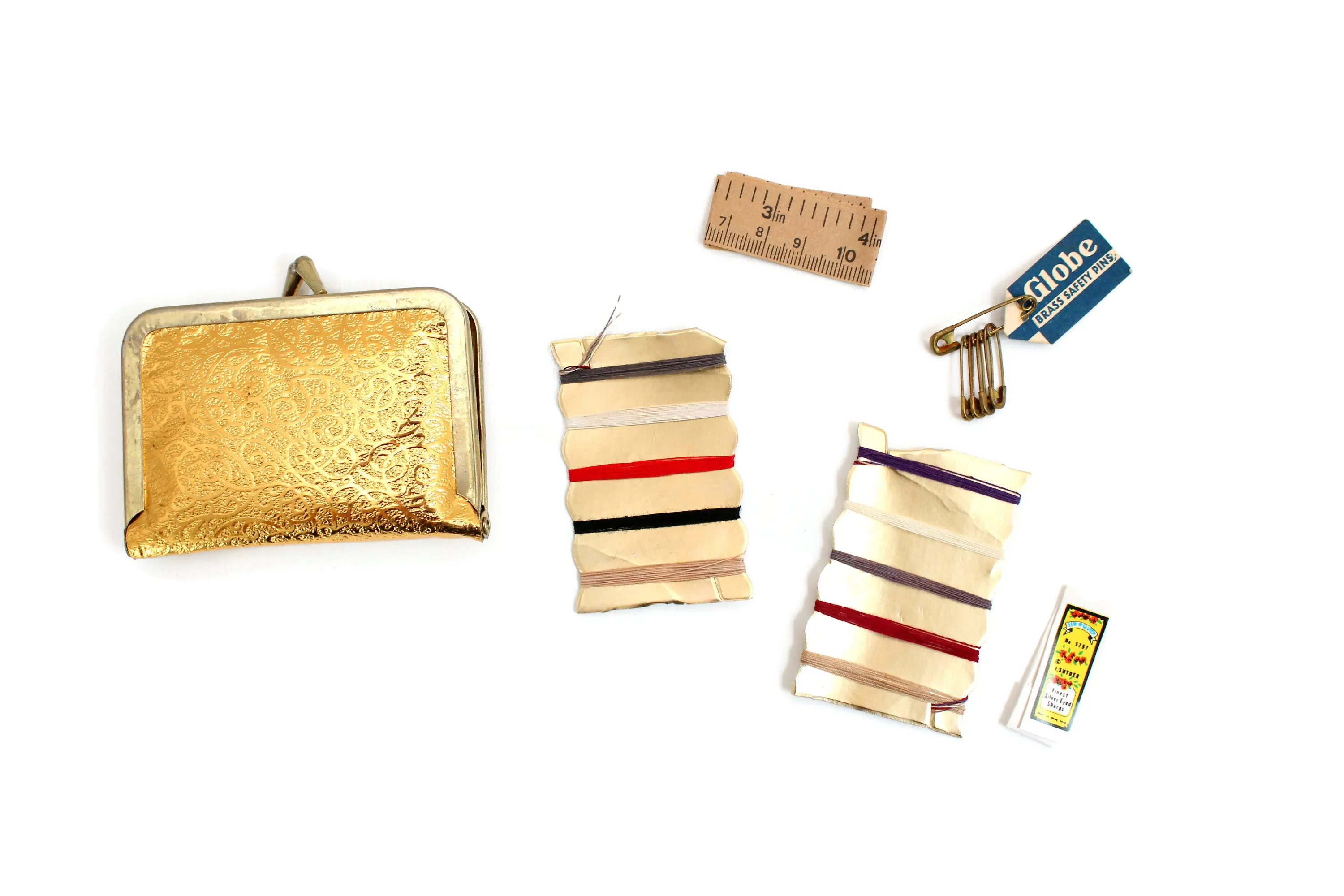 Vintage Gold Coin Purse Compact Travel Sewing Kit with Accessories