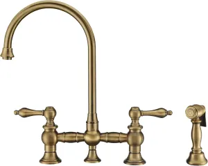 Vintage III Plus Bridge Faucet with Long Gooseneck Swivel Spout, Lever Handles and Solid Brass Side Spray
