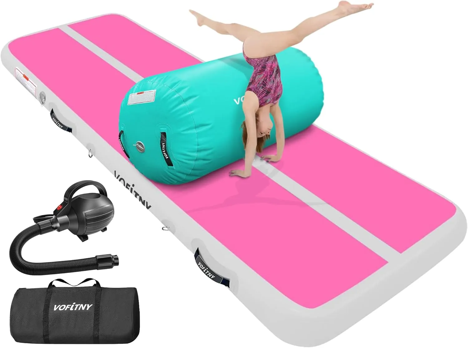 VOFiTNY 6.6ft Inflatable Gymnastics Air Mat with 4'L x 2.5'D Air Barrel Tumble Track for Home/Gym