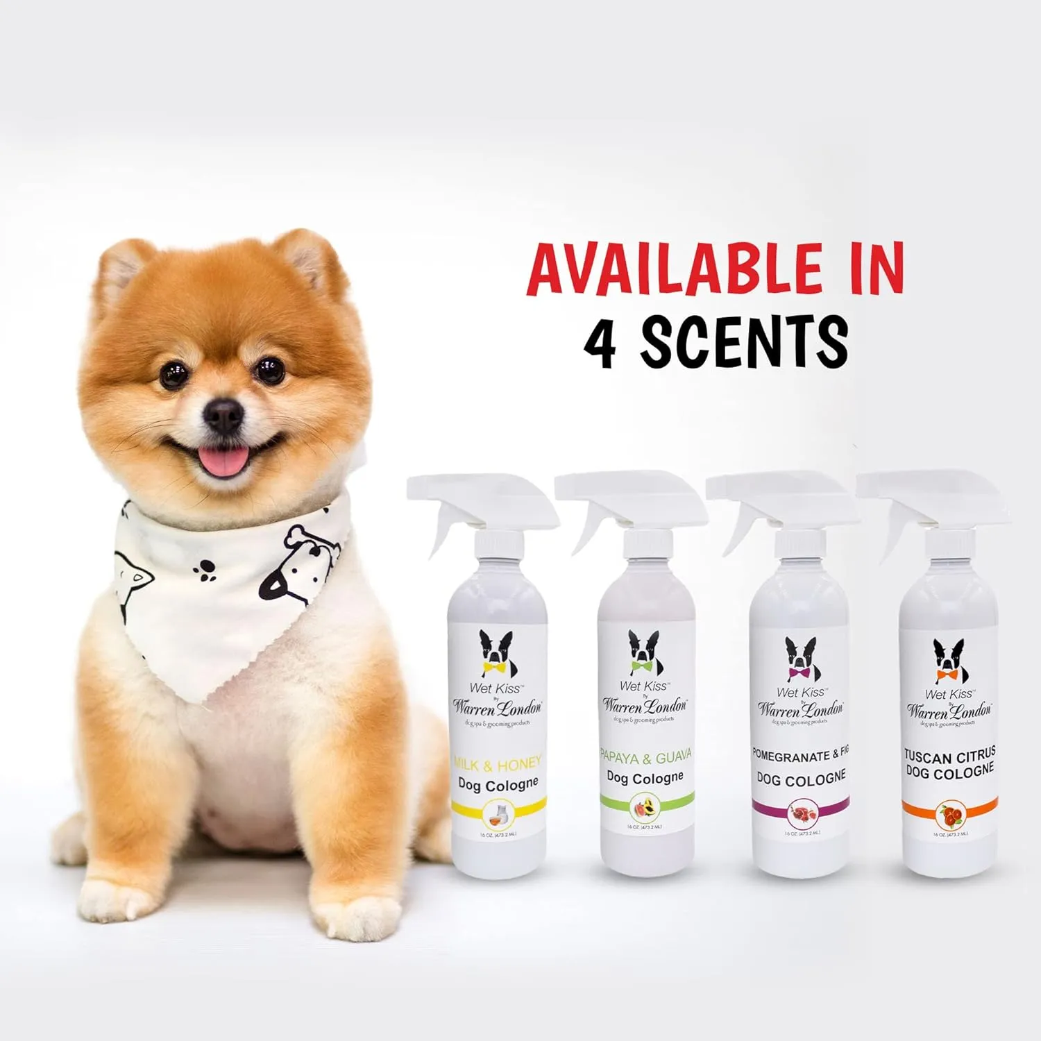 Warren London - Wet Kiss Dog Cologne, Long Lasting Dog Spray, Dog Deodorant to Remove Odor from Stinky Dogs, Milk & Honey, 16 Ounce Bottle
