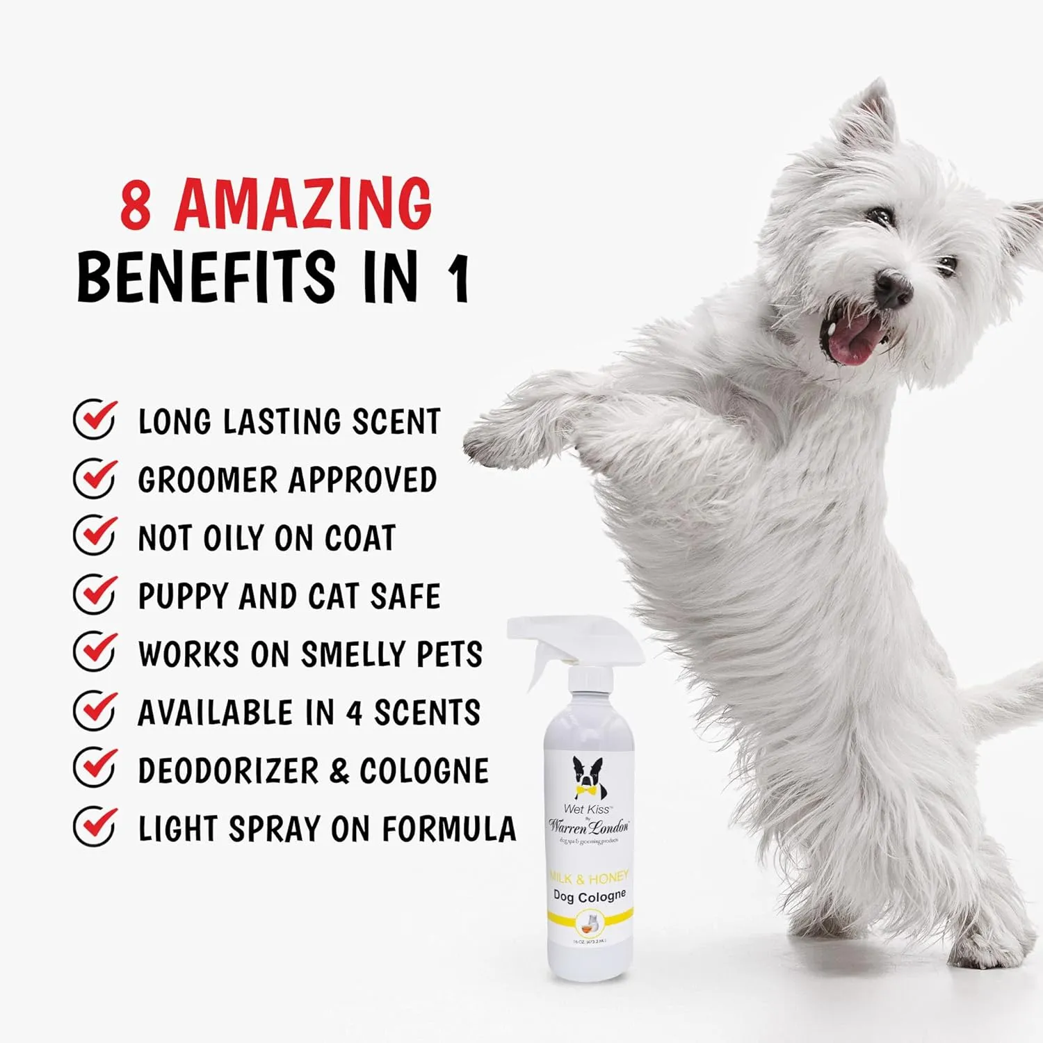 Warren London - Wet Kiss Dog Cologne, Long Lasting Dog Spray, Dog Deodorant to Remove Odor from Stinky Dogs, Milk & Honey, 16 Ounce Bottle
