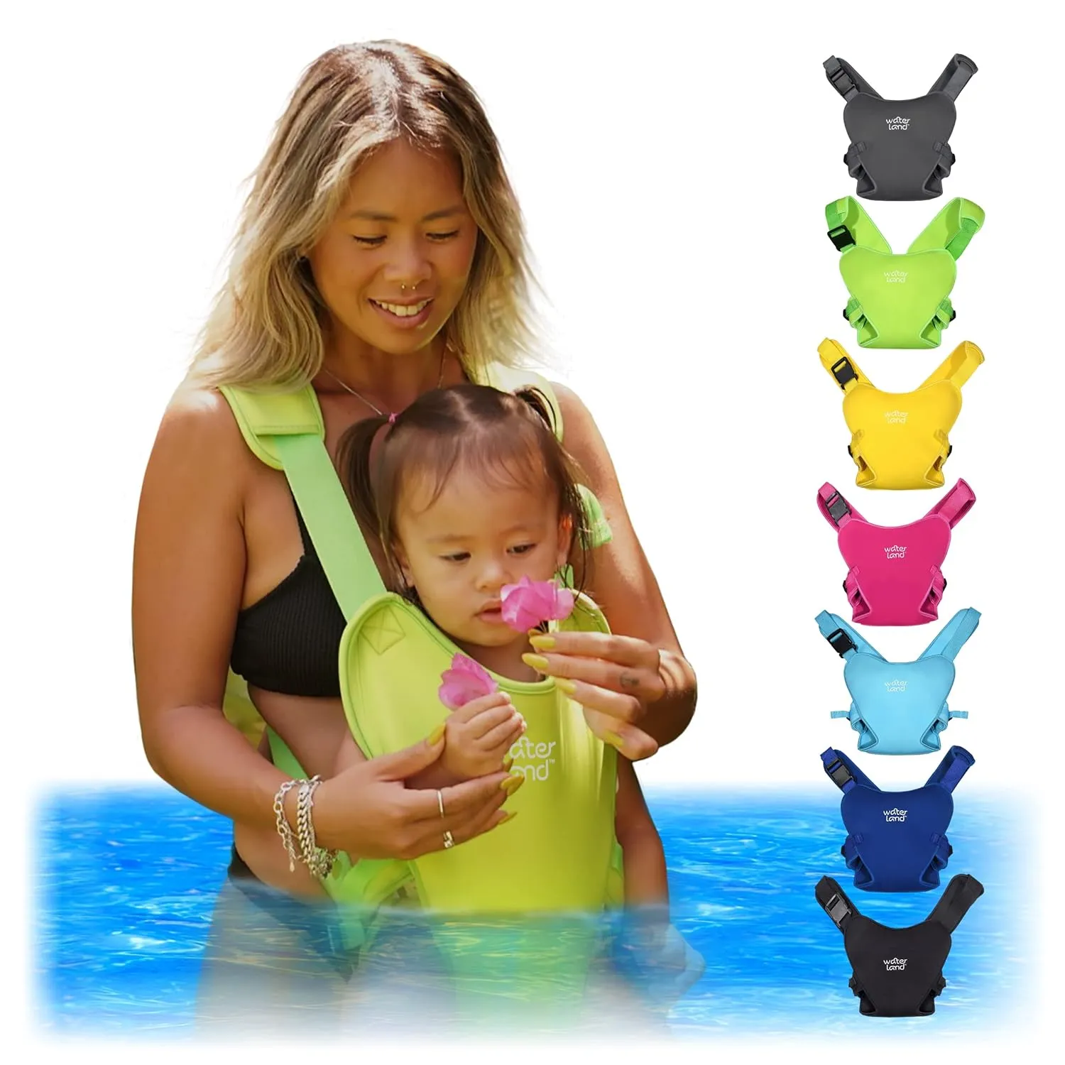 WaterLand Baby Carrier - Innovative Carrier You Can Use Both in Water & Land - Waterproof Infant Chest Holder with Adjustable Straps, Lightweight Toddler Harness for Pool & Beach (Keylime Green)
