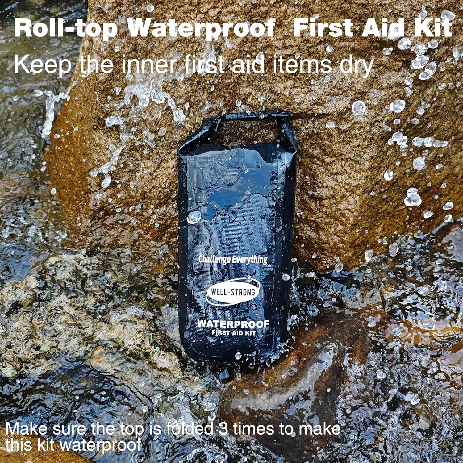 Waterproof First Aid Kit Roll Top Boat Emergency Kit with Waterproof Contents for Fishing Kayaking Boating Swimming Camping Rafting Beach Black