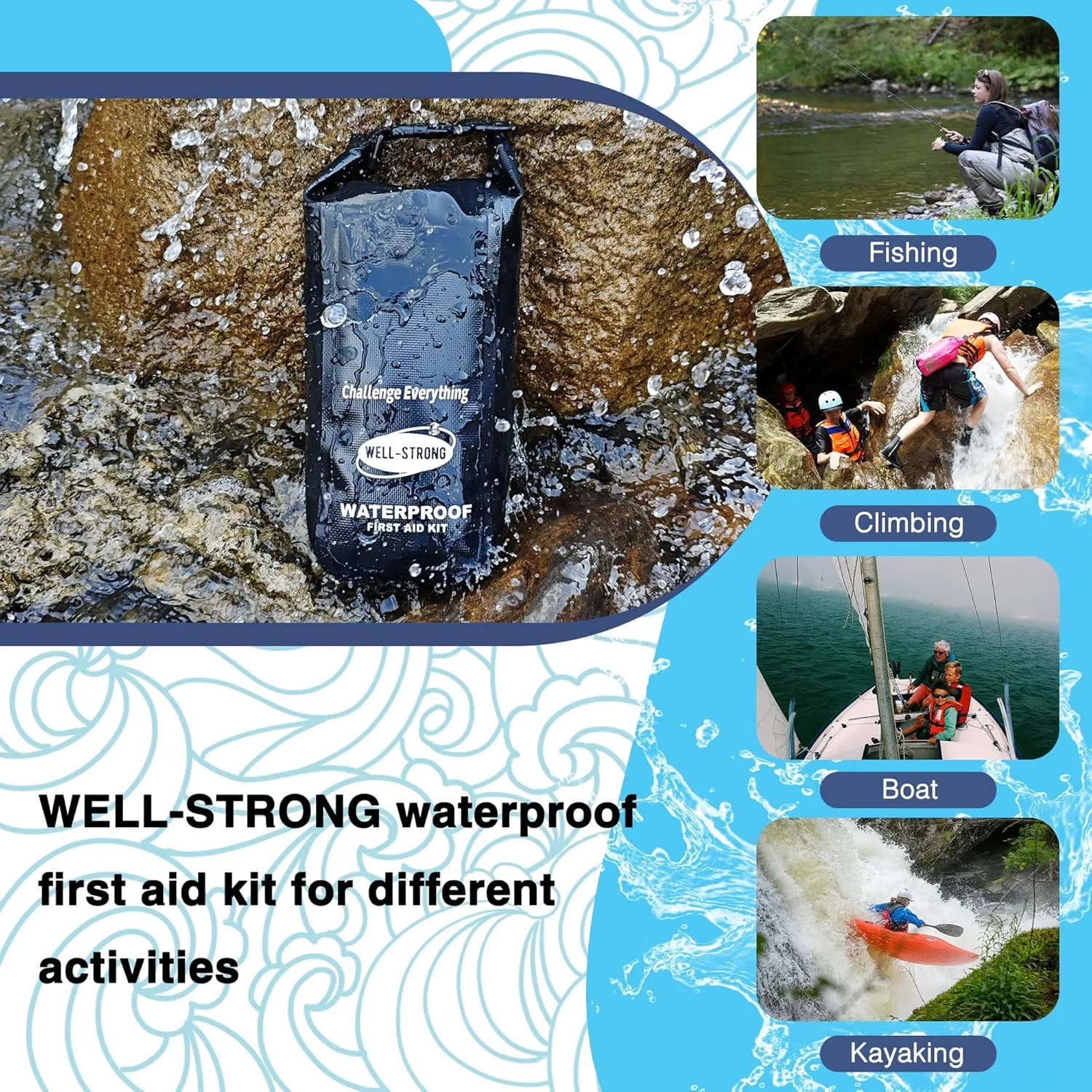 Waterproof First Aid Kit Roll Top Boat Emergency Kit with Waterproof Contents for Fishing Kayaking Boating Swimming Camping Rafting Beach Black