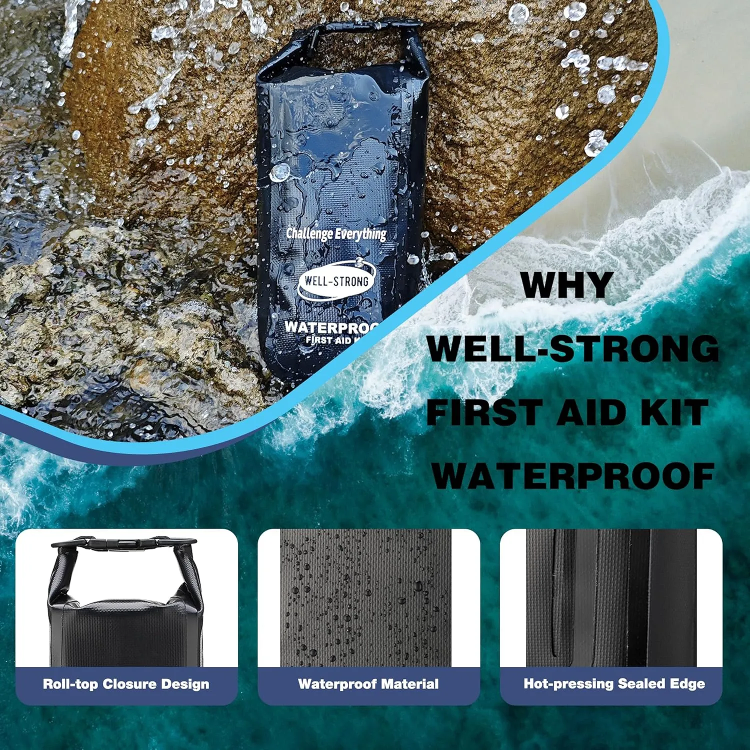 Waterproof First Aid Kit Roll Top Boat Emergency Kit with Waterproof Contents for Fishing Kayaking Boating Swimming Camping Rafting Beach Black