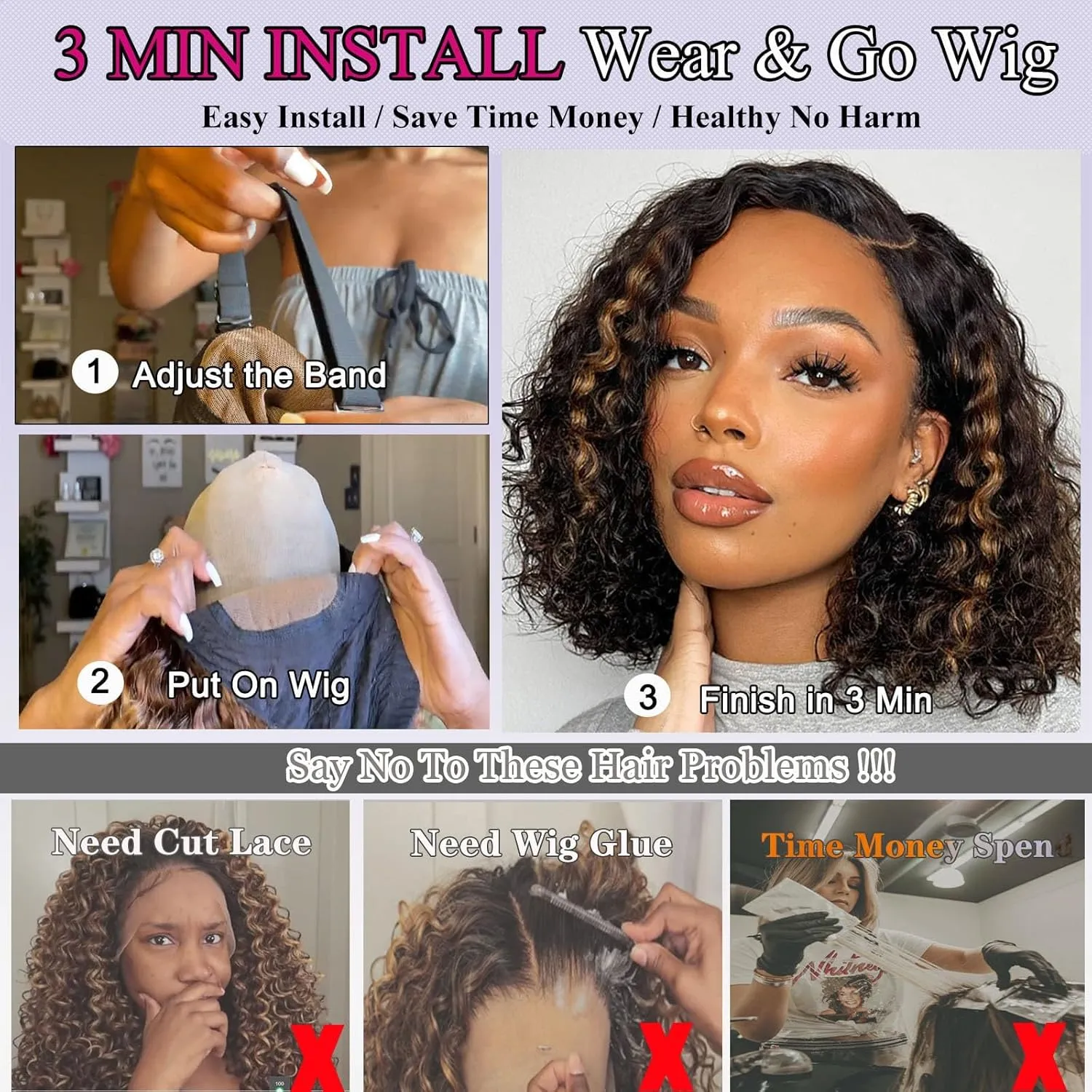 Wear And Go Glueless Wigs Human Hair Pre Plucked Pre Cut Curly Bob Wig Human Hair 5x5 Hd Lace Closure Ombre Water Wave Lace Front Wigs Human Hair Wigs For Black Women P1b/30 14inch