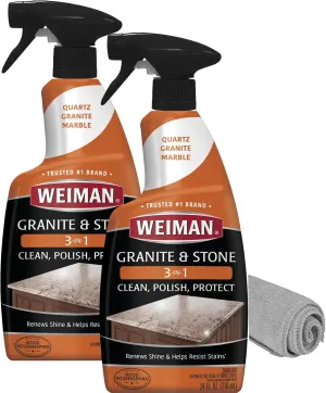 Weiman Granite Cleaner Polish and Protect, Streak Free, pH Neutral Formula for Daily Use on Interior & Exterior Natural Stone with Microfiber Towel, 3 in 1-2 Pack