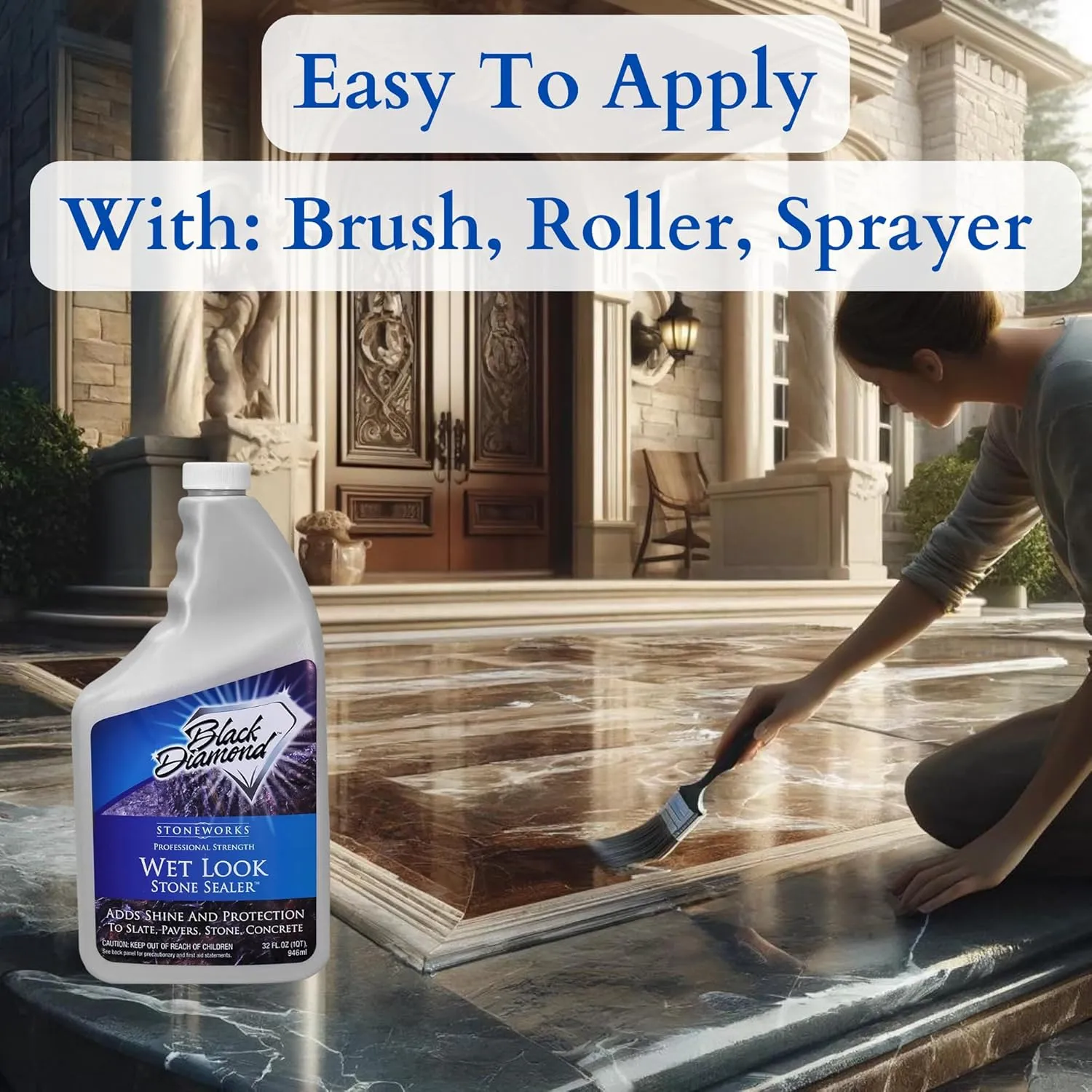 Wet Look Natural Stone Sealer. Durable, Long-Lasting Gloss Protection. Interior and Exterior Pavers, Slate, Sandstone, Travertine, Flagstone, Driveways, Garage Floors, etc. Black Diamond Stoneworks