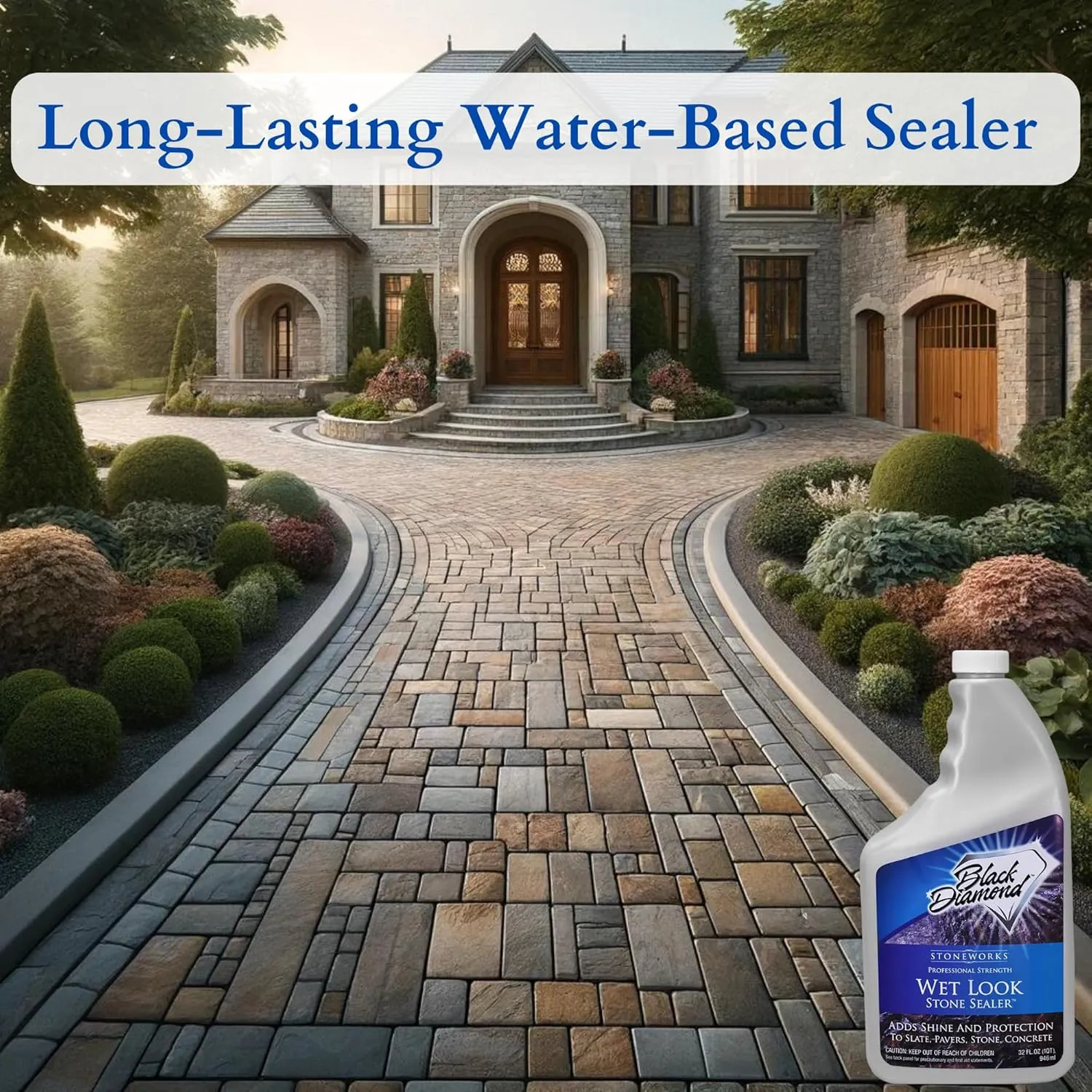 Wet Look Natural Stone Sealer. Durable, Long-Lasting Gloss Protection. Interior and Exterior Pavers, Slate, Sandstone, Travertine, Flagstone, Driveways, Garage Floors, etc. Black Diamond Stoneworks