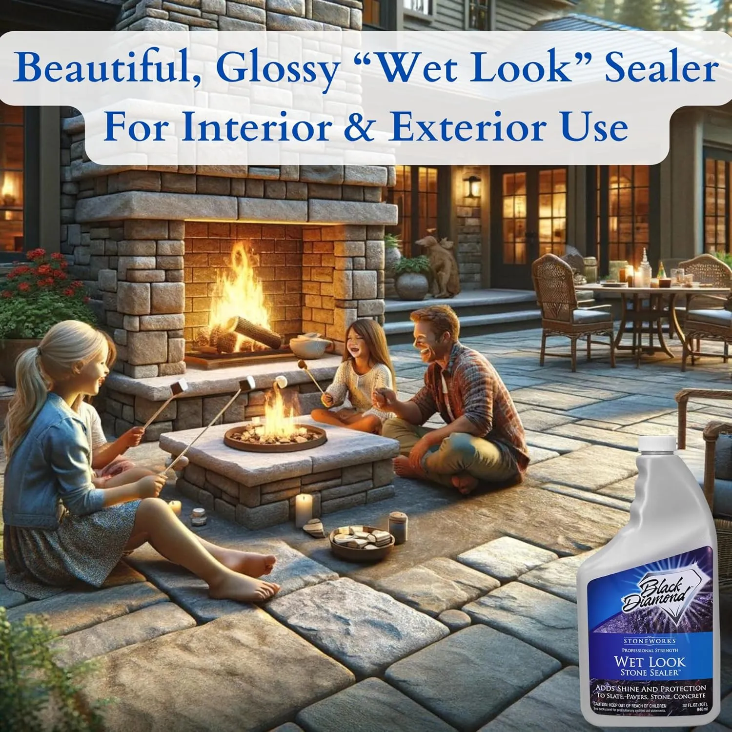 Wet Look Natural Stone Sealer. Durable, Long-Lasting Gloss Protection. Interior and Exterior Pavers, Slate, Sandstone, Travertine, Flagstone, Driveways, Garage Floors, etc. Black Diamond Stoneworks