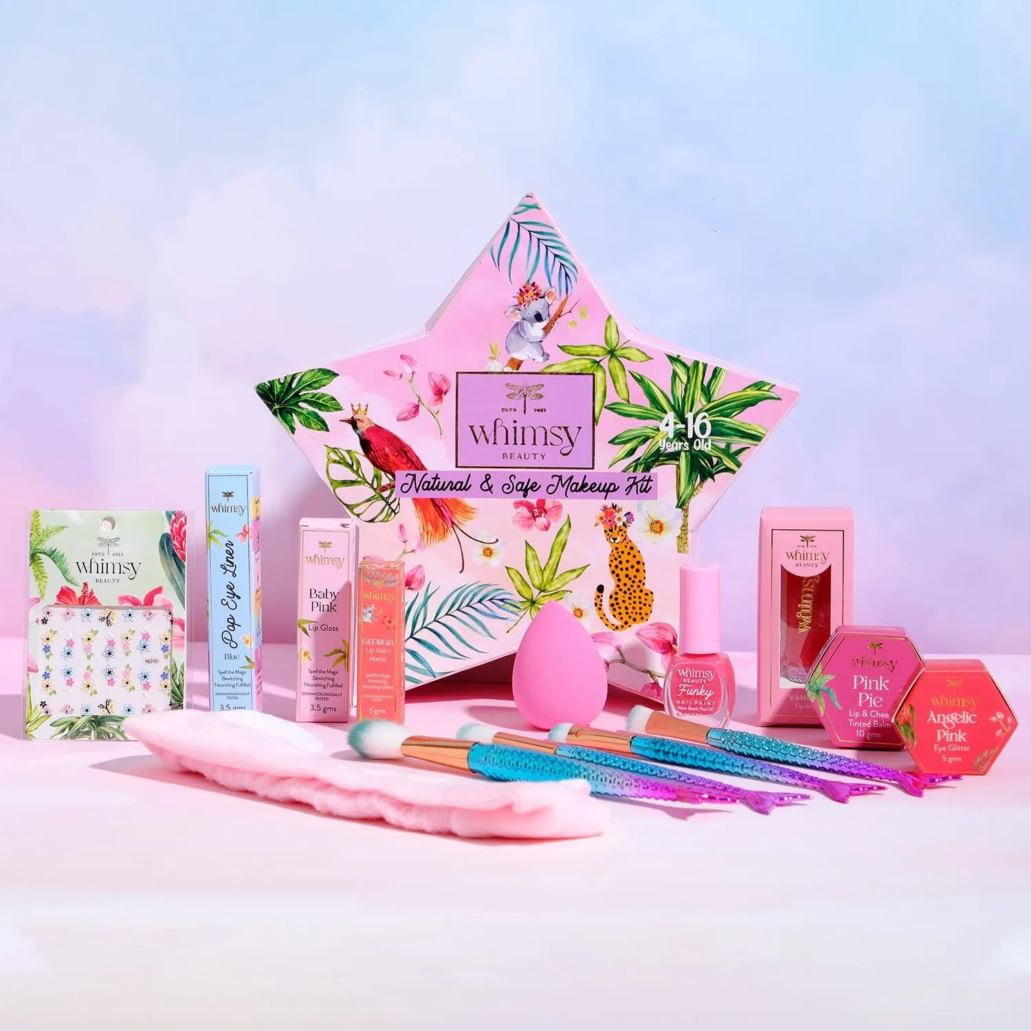 W.h.imsy 12 Pcs Organic Beauty Kit for Girls | Safe Makeup Kit | Birthday Gift for 4 5 6 7 8 9 10 11 Years Old | Non-Toxic Kids Lip balm, Eye Glitter, Eye Liner, Kids Lip Gloss & Mermaid Accessory