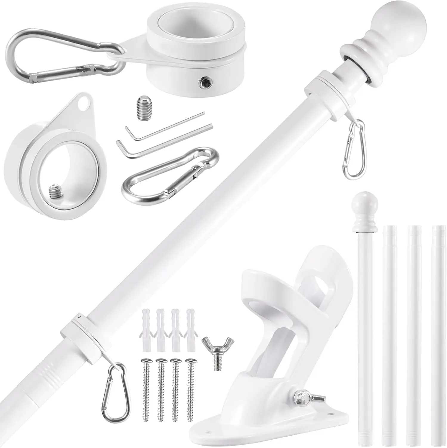 White Flag Pole Kit for House, 5FT Thickened Stainless Steel Outside Wall Mount Flagpole for 3x5' Flag, 1" Tangle Free Rotating Flag Pole Rings & 2-Position Bracket Holder for Porch Residential