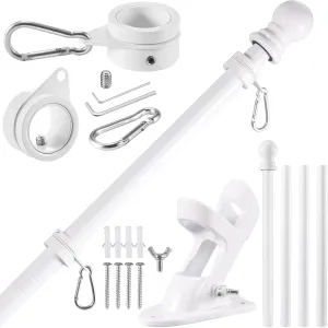 White Flag Pole Kit for House, 5FT Thickened Stainless Steel Outside Wall Mount Flagpole for 3x5' Flag, 1" Tangle Free Rotating Flag Pole Rings & 2-Position Bracket Holder for Porch Residential