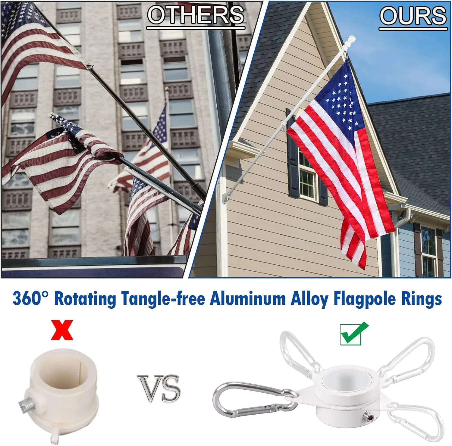 White Flag Pole Kit for House, 5FT Thickened Stainless Steel Outside Wall Mount Flagpole for 3x5' Flag, 1" Tangle Free Rotating Flag Pole Rings & 2-Position Bracket Holder for Porch Residential