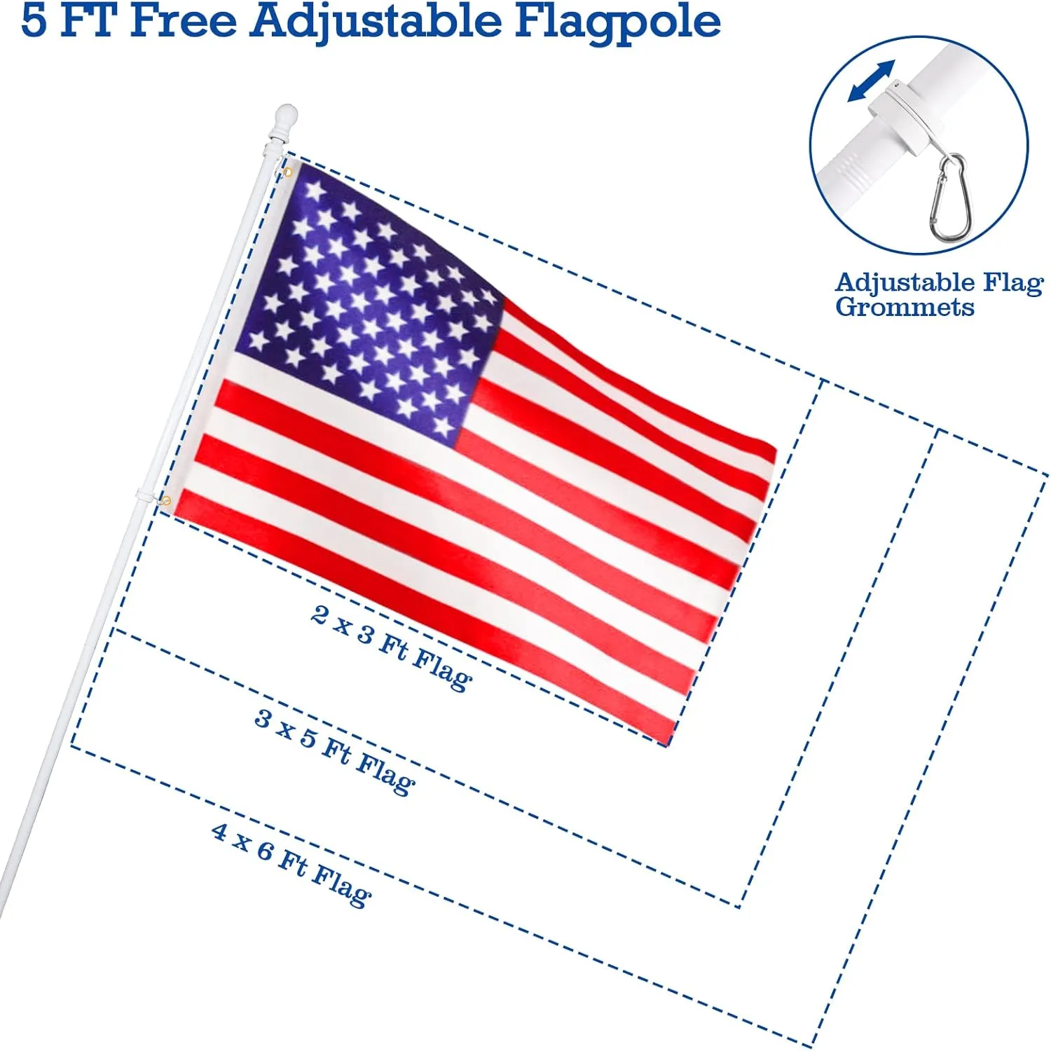 White Flag Pole Kit for House, 5FT Thickened Stainless Steel Outside Wall Mount Flagpole for 3x5' Flag, 1" Tangle Free Rotating Flag Pole Rings & 2-Position Bracket Holder for Porch Residential