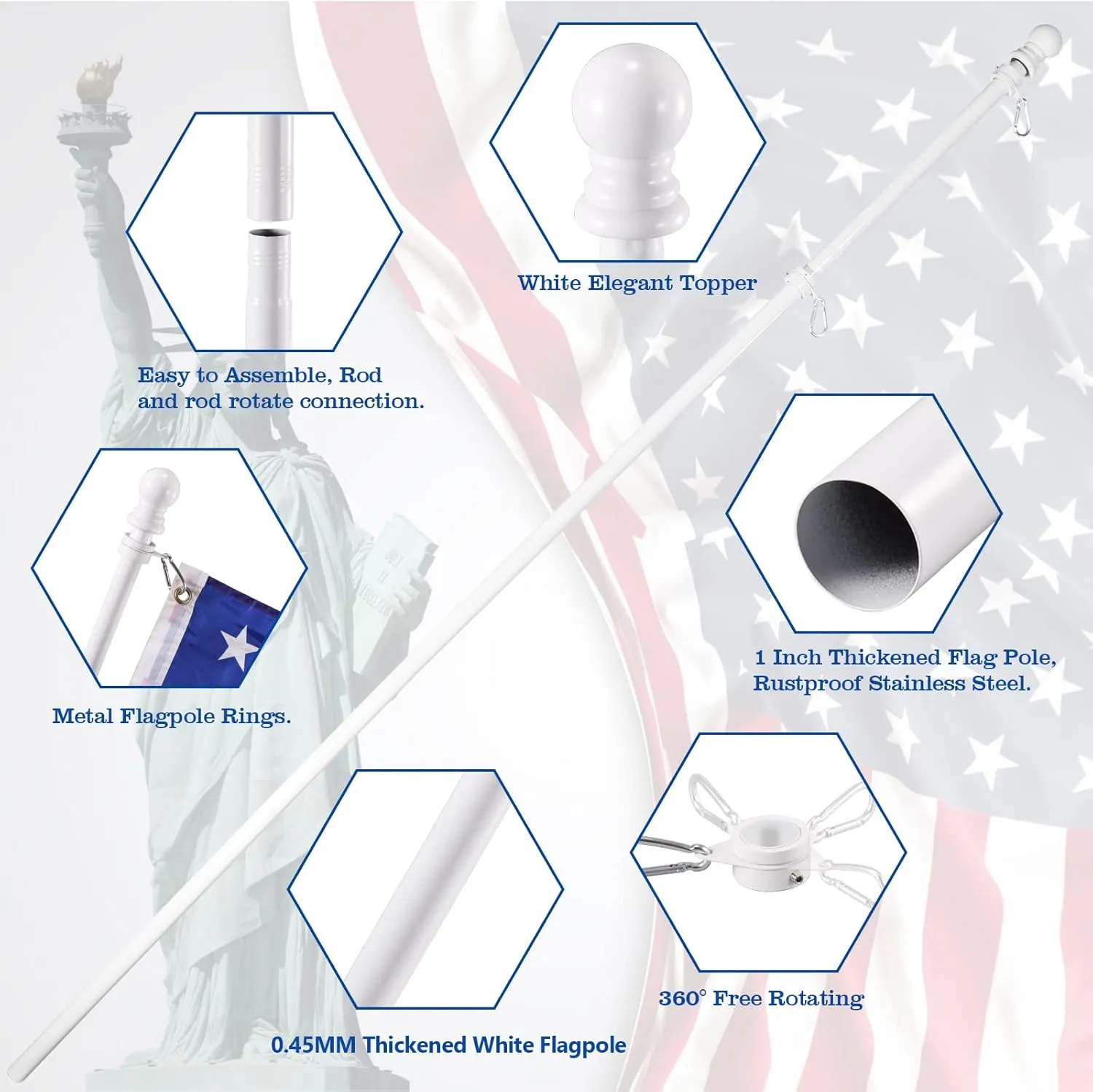 White Flag Pole Kit for House, 5FT Thickened Stainless Steel Outside Wall Mount Flagpole for 3x5' Flag, 1" Tangle Free Rotating Flag Pole Rings & 2-Position Bracket Holder for Porch Residential