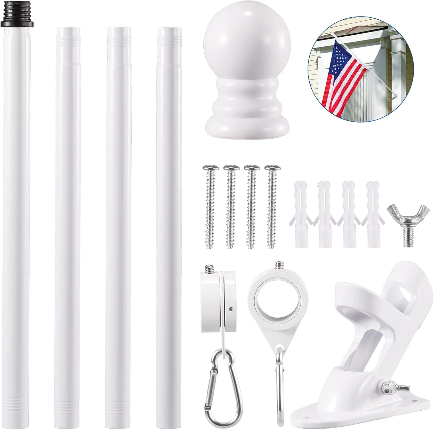 White Flag Pole Kit for House, 5FT Thickened Stainless Steel Outside Wall Mount Flagpole for 3x5' Flag, 1" Tangle Free Rotating Flag Pole Rings & 2-Position Bracket Holder for Porch Residential