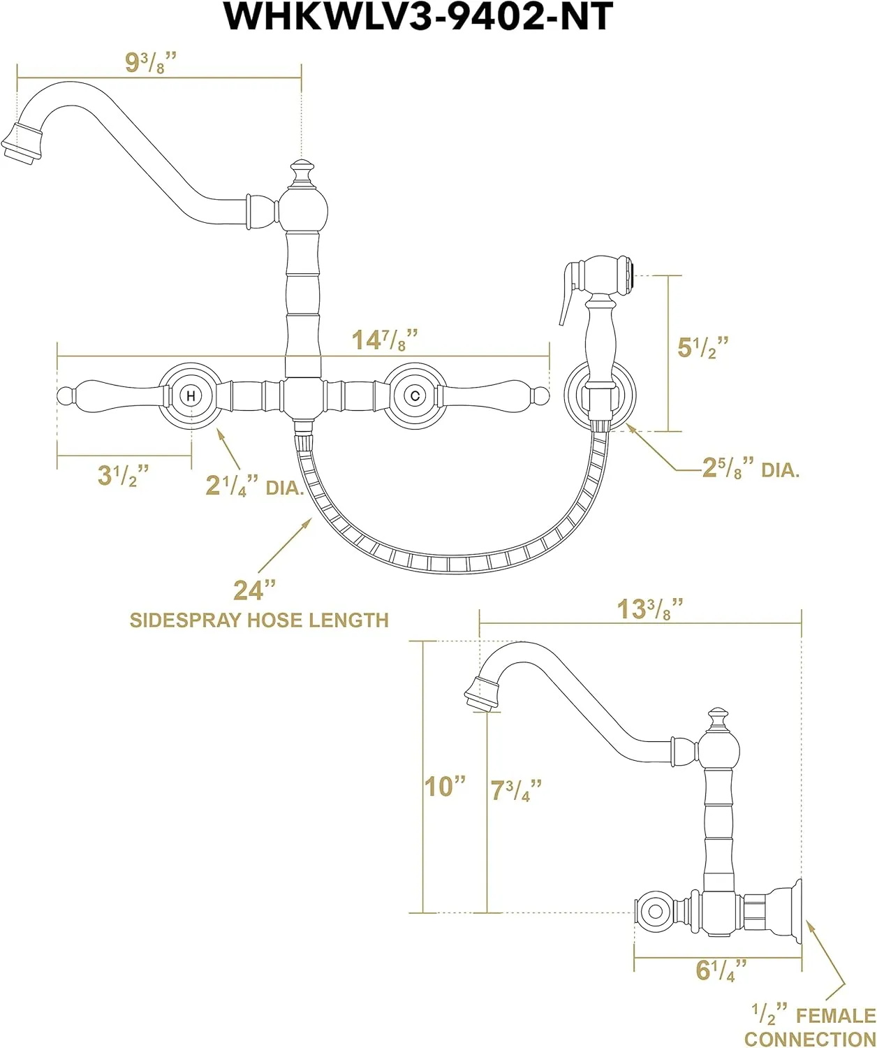 WHKWLV3-9402-NT-BN Wall Mount Faucet, Brushed Nickel