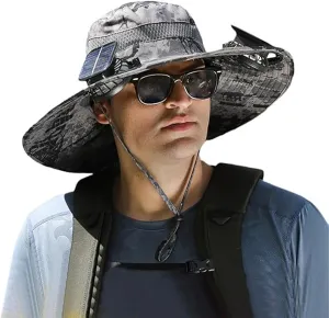 Wide Brim Solar Fan Hat with 2 Fan, Summer Outdoor Fishing Hat for Men Women, UPF 50 , Waterproof, Removable USB Charging Fan