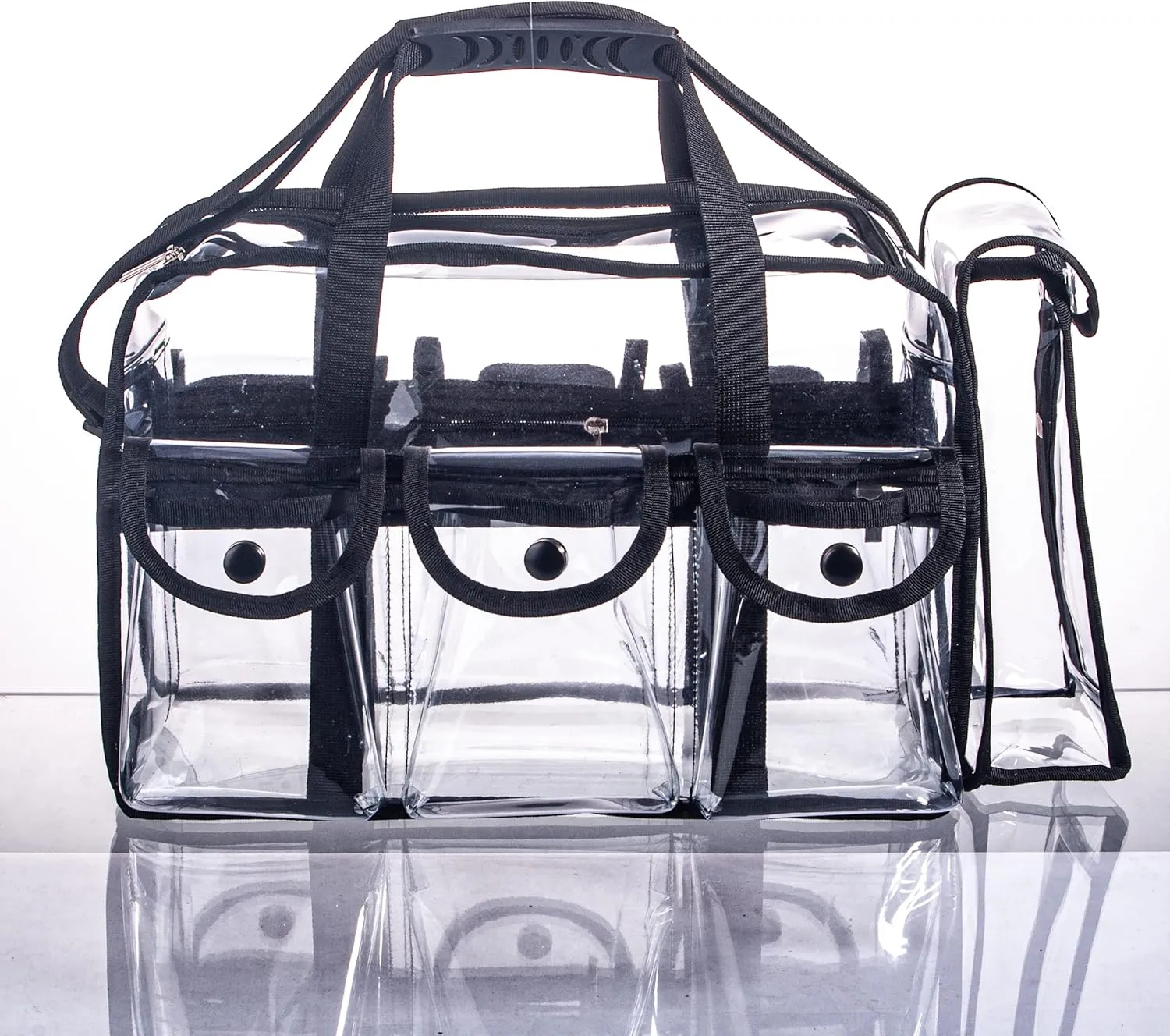 Wide Open Large Professional Clear PVC Travel Makeup Artist Set Bag Cosmetic Nails Beauty Bags Transparent Vinyl Tool Organizer Beach Bags Diaper Bag with 6 External Pockets & Strap (Black)