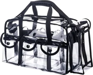 Wide Open Large Professional Clear PVC Travel Makeup Artist Set Bag Cosmetic Nails Beauty Bags Transparent Vinyl Tool Organizer Beach Bags Diaper Bag with 6 External Pockets & Strap (Black)