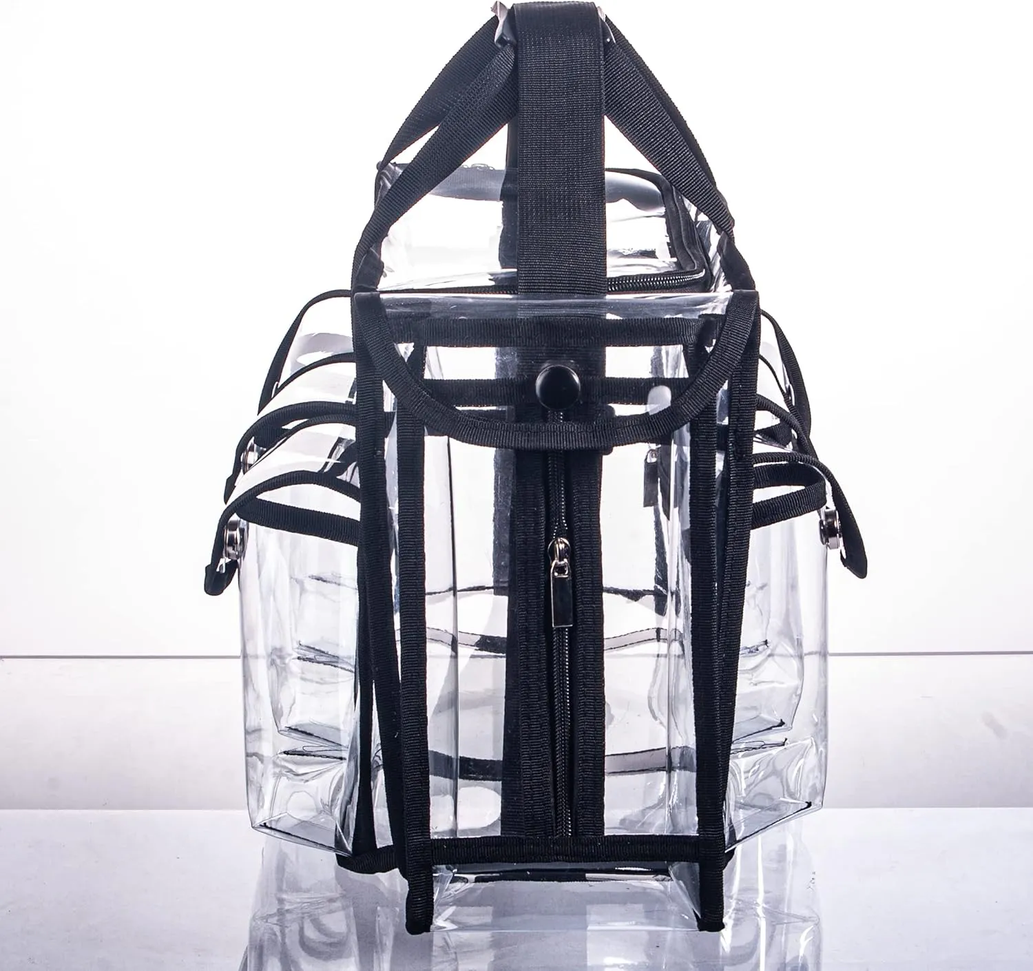 Wide Open Large Professional Clear PVC Travel Makeup Artist Set Bag Cosmetic Nails Beauty Bags Transparent Vinyl Tool Organizer Beach Bags Diaper Bag with 6 External Pockets & Strap (Black)