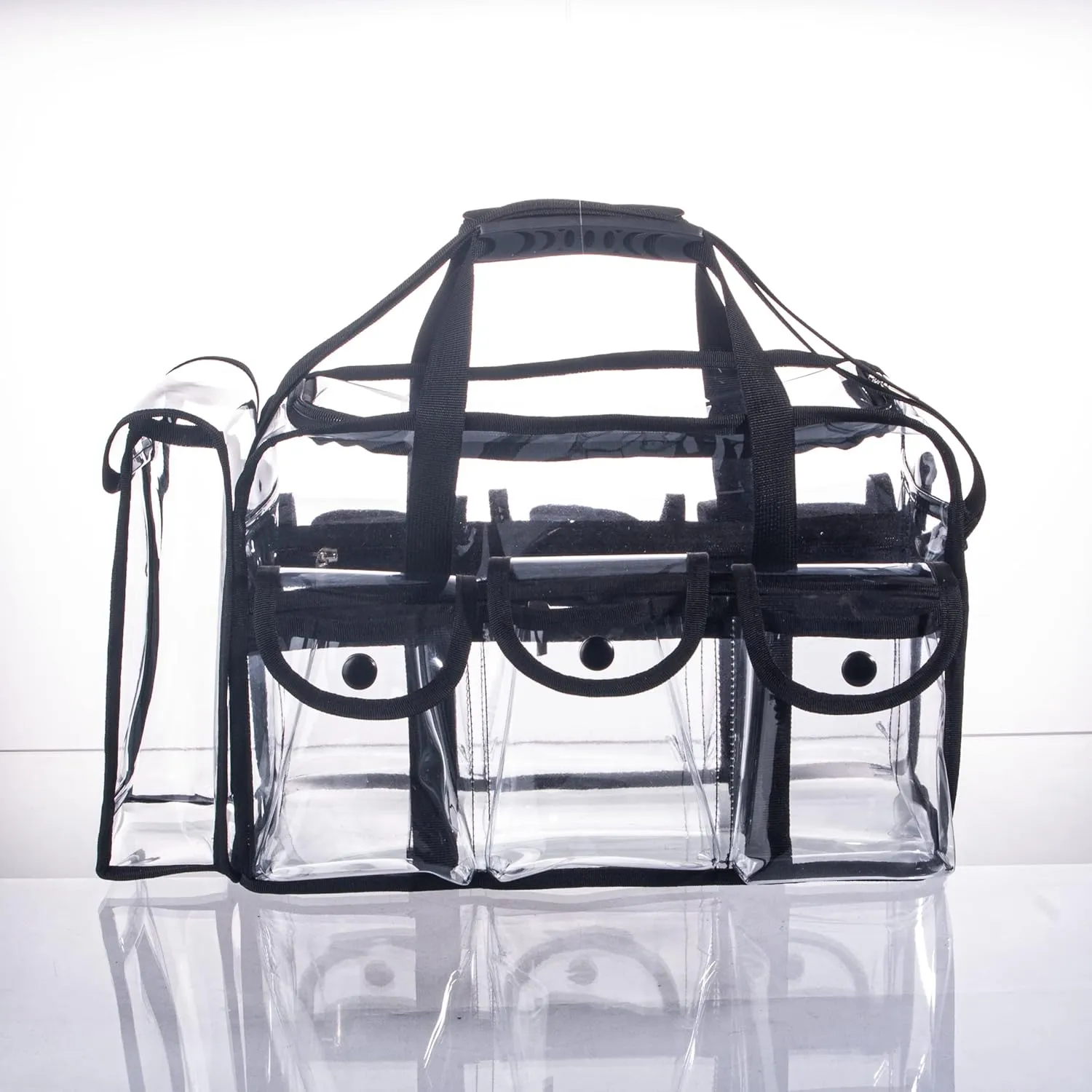 Wide Open Large Professional Clear PVC Travel Makeup Artist Set Bag Cosmetic Nails Beauty Bags Transparent Vinyl Tool Organizer Beach Bags Diaper Bag with 6 External Pockets & Strap (Black)